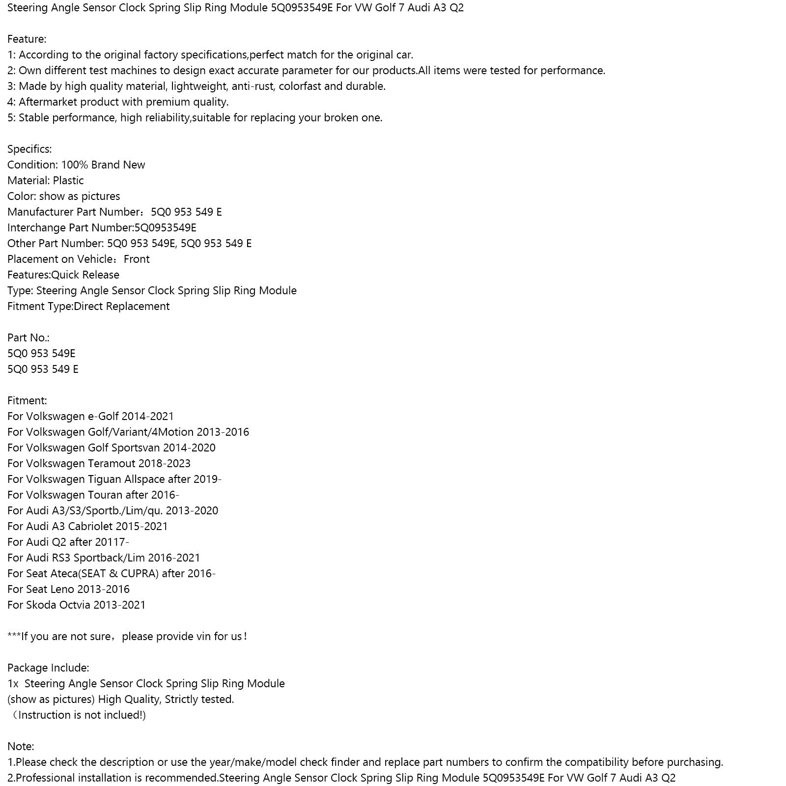 Volkswagen e-Golf 2014-2021 Módulo de resorte de reloj con sensor de ángulo de dirección 5Q0953549E