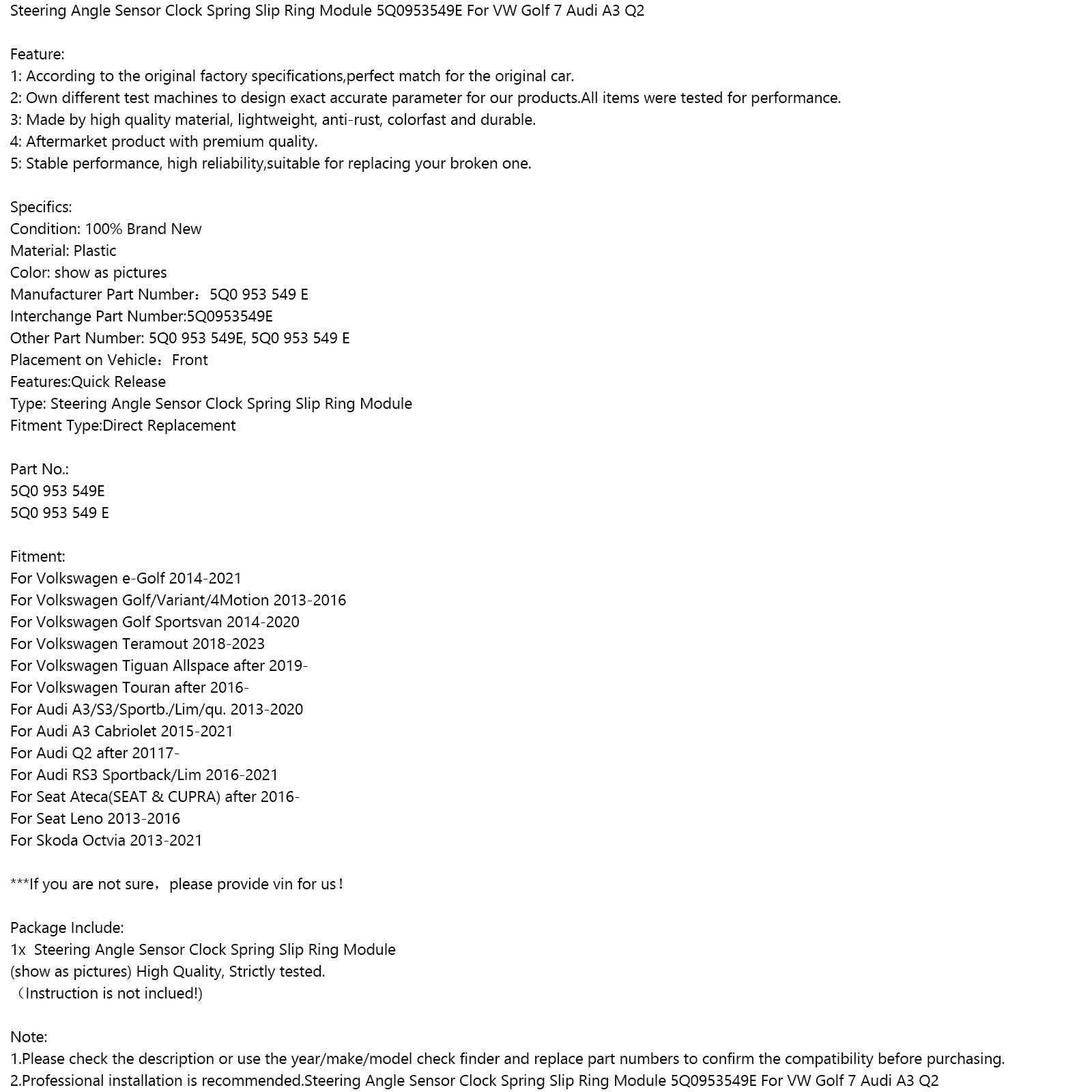 Volkswagen Touran 2016+ Stuurhoeksensor Klokveermodule 5Q0953549E