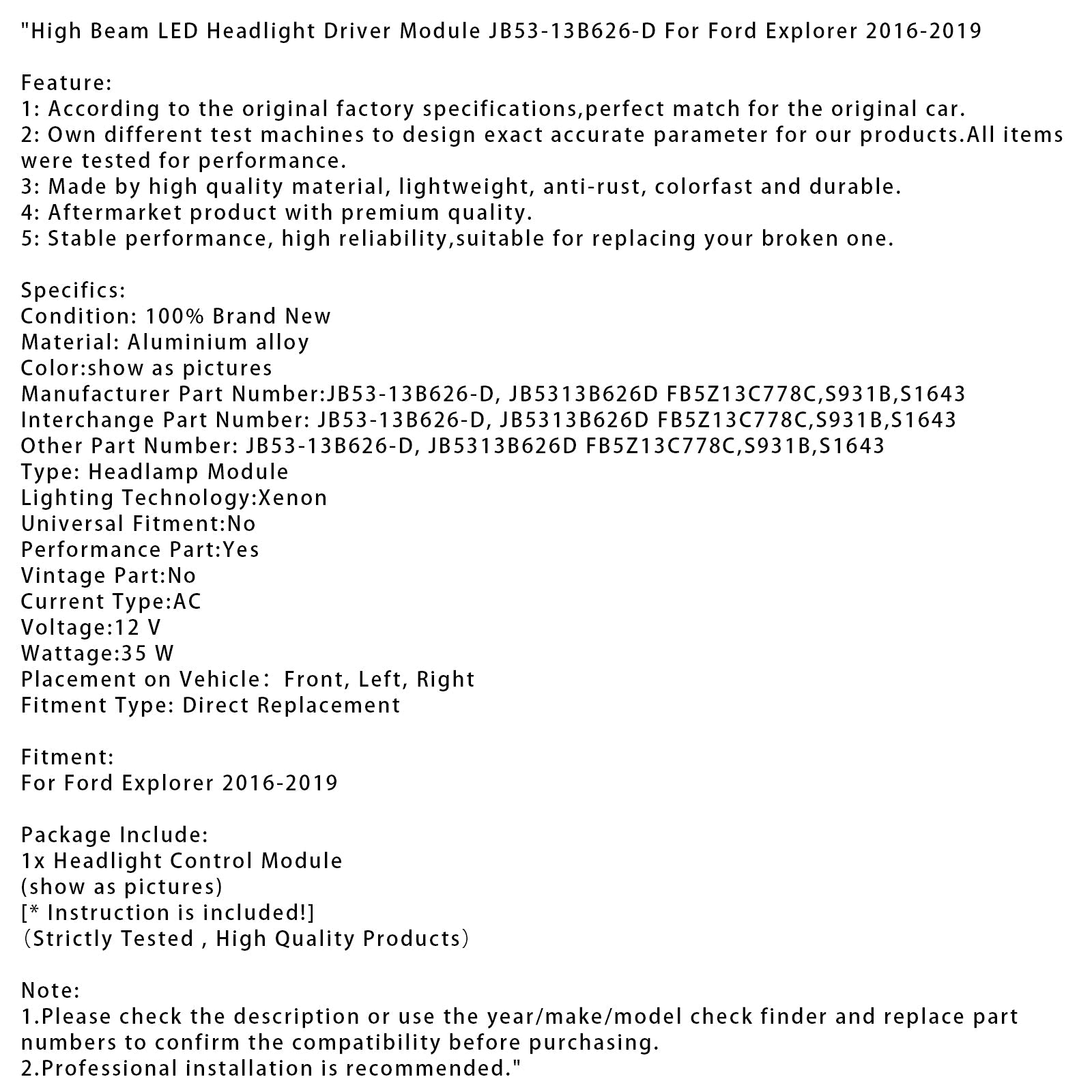 Ford Explorer 2016-2019 JB53-13B626-D Lighthouse-ohjausmoduuli, jolla on LED-moottoritiellä Ford Explorerille 2016-2019