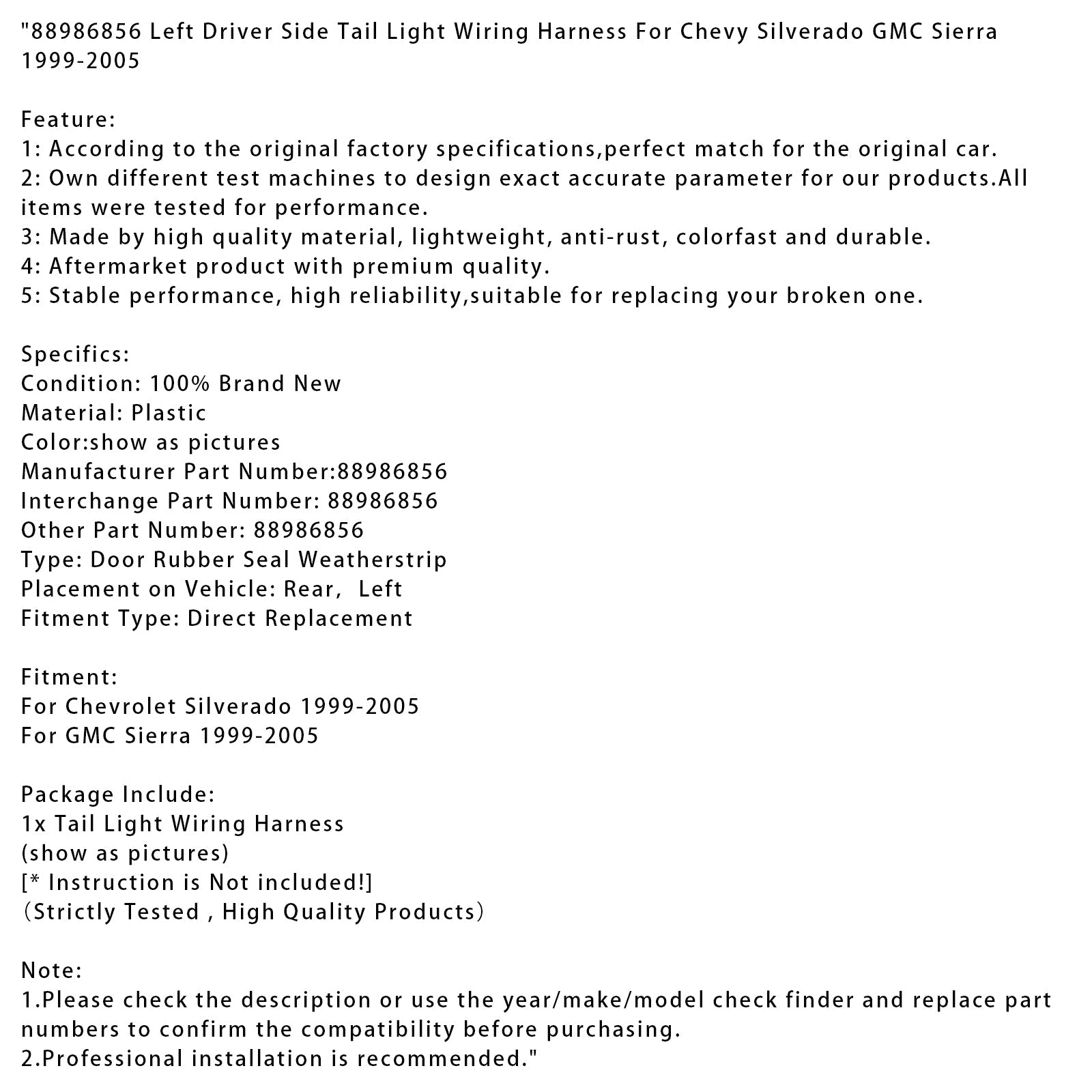 Kabelski snop leve zadnje luči (voznikova stran) za Chevy Silverado in GMC Sierra 1999–2005