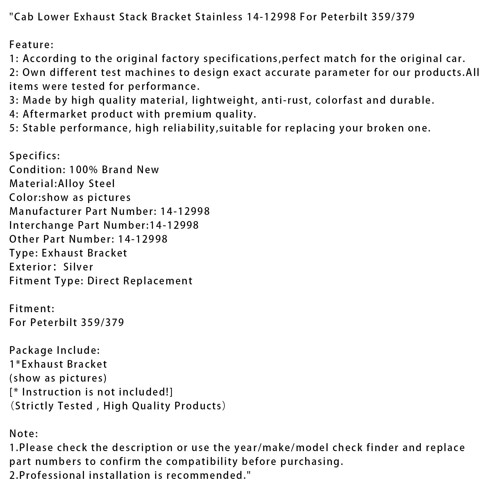 Camino di scarico inferiore del cabinet Peterbilt 359/379 in acciaio inossidabile 14-12998