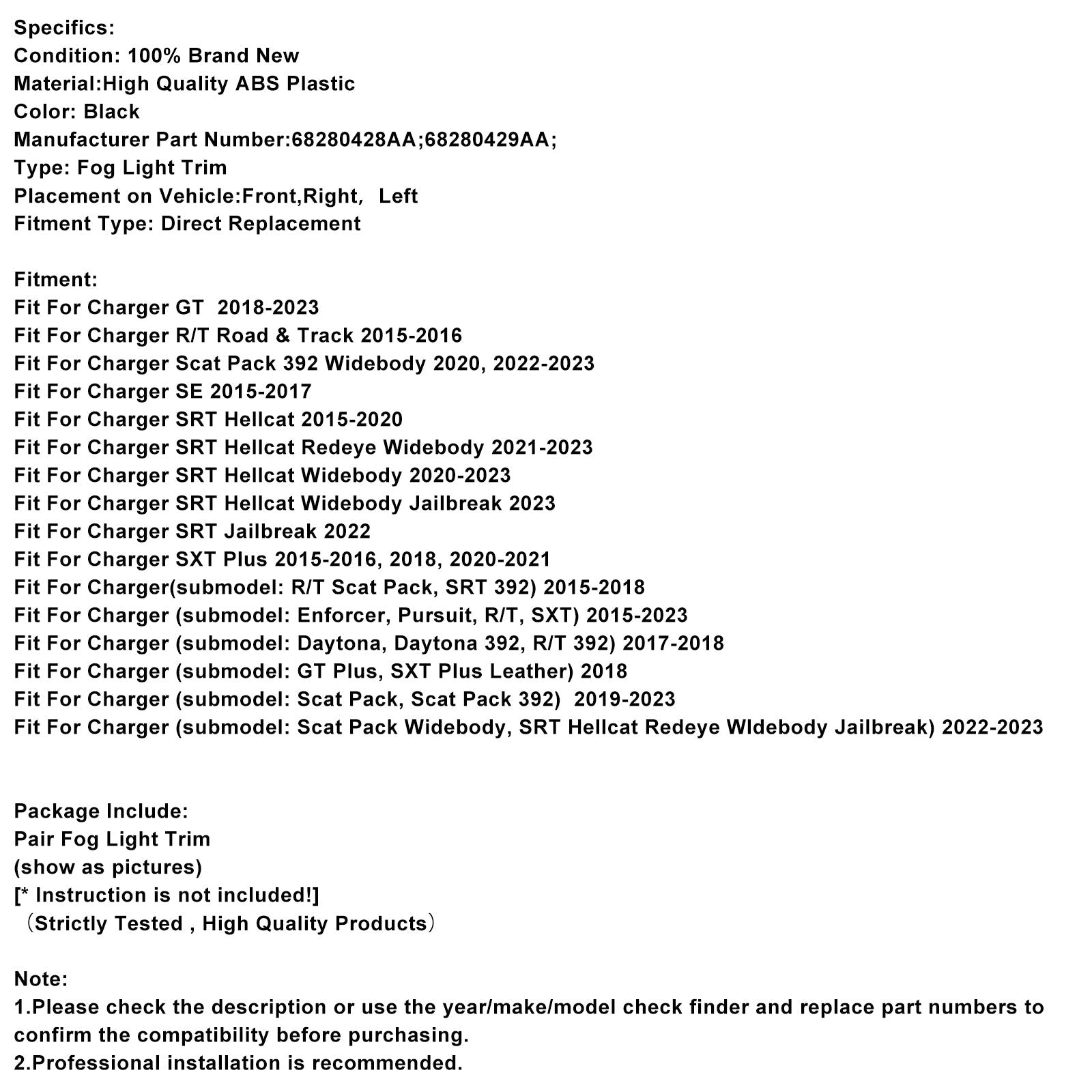 Par de cubiertas de niebla para Dodge Charge 2015-2022 68280428AA