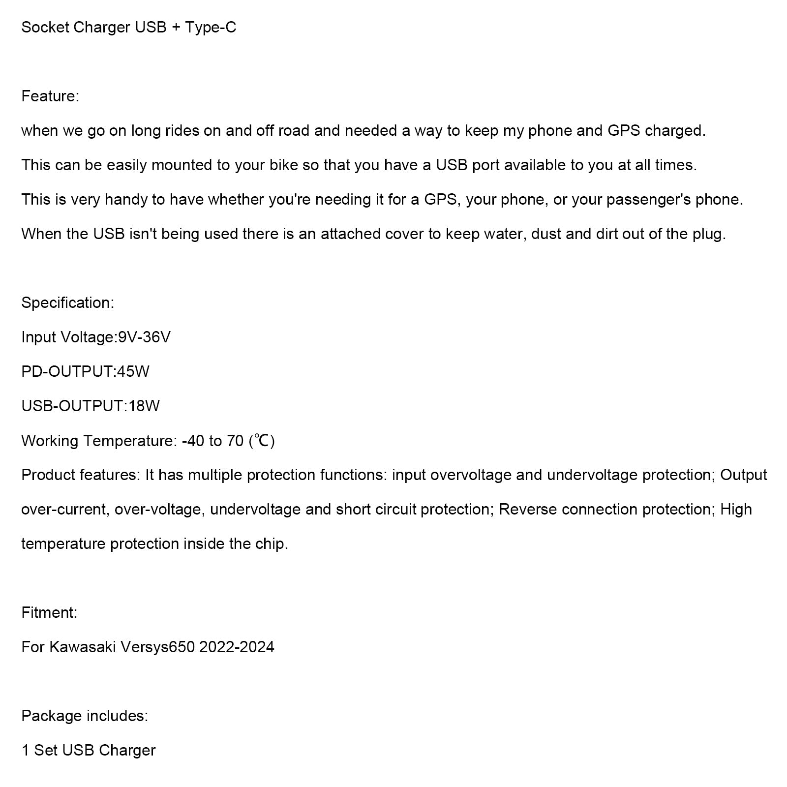 USB Charger + Type-C Quick voor Kawasaki Versys 650 2022-2024