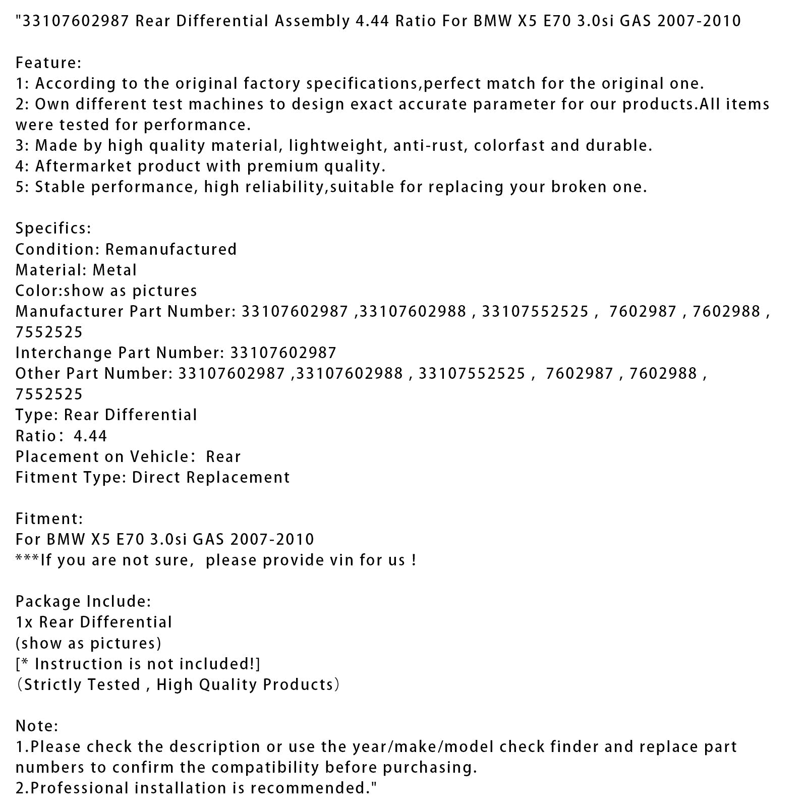BMW X5 E70 3.0SI 2007-2010 Gasdifferentieel differentieel, verhouding 4.44, 33107602987