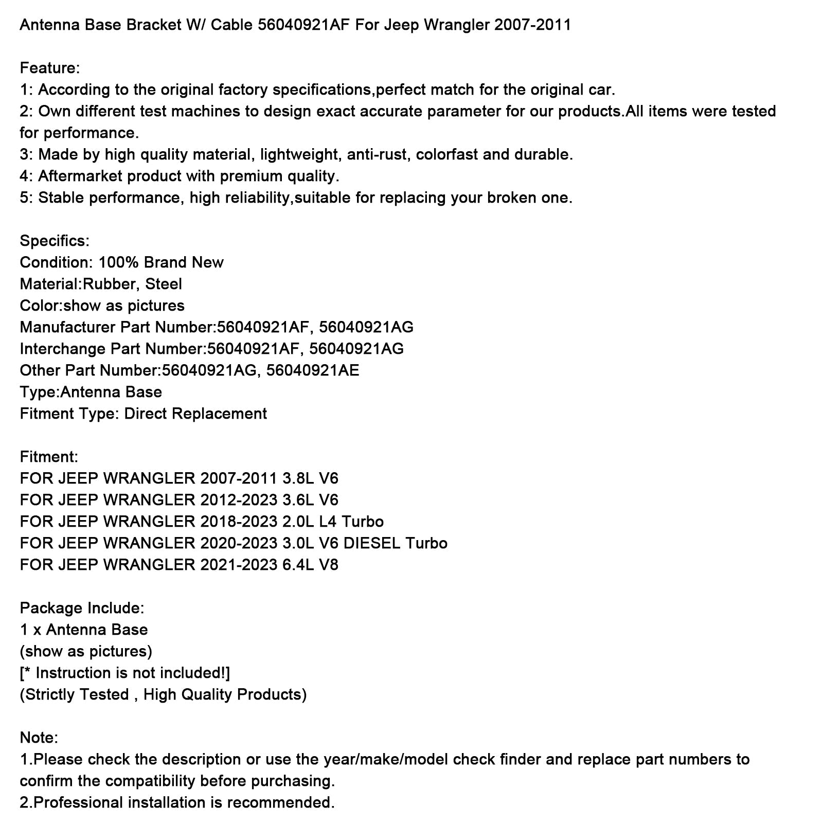 Osnovna podpora d&Antena s kablom 56040921AF za Jeep Wrangler 2007-2011