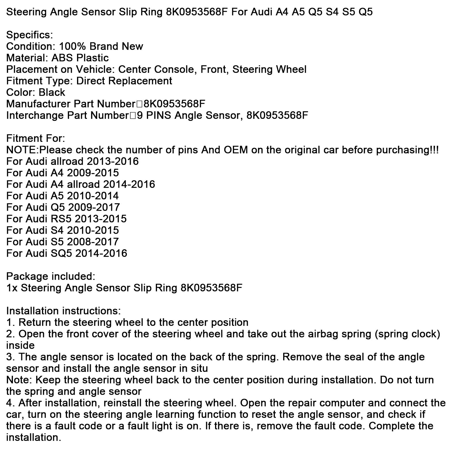 Spiraalsensorkabel&9-pins hoek voor Audi S5 2008-2017 8K0953568F