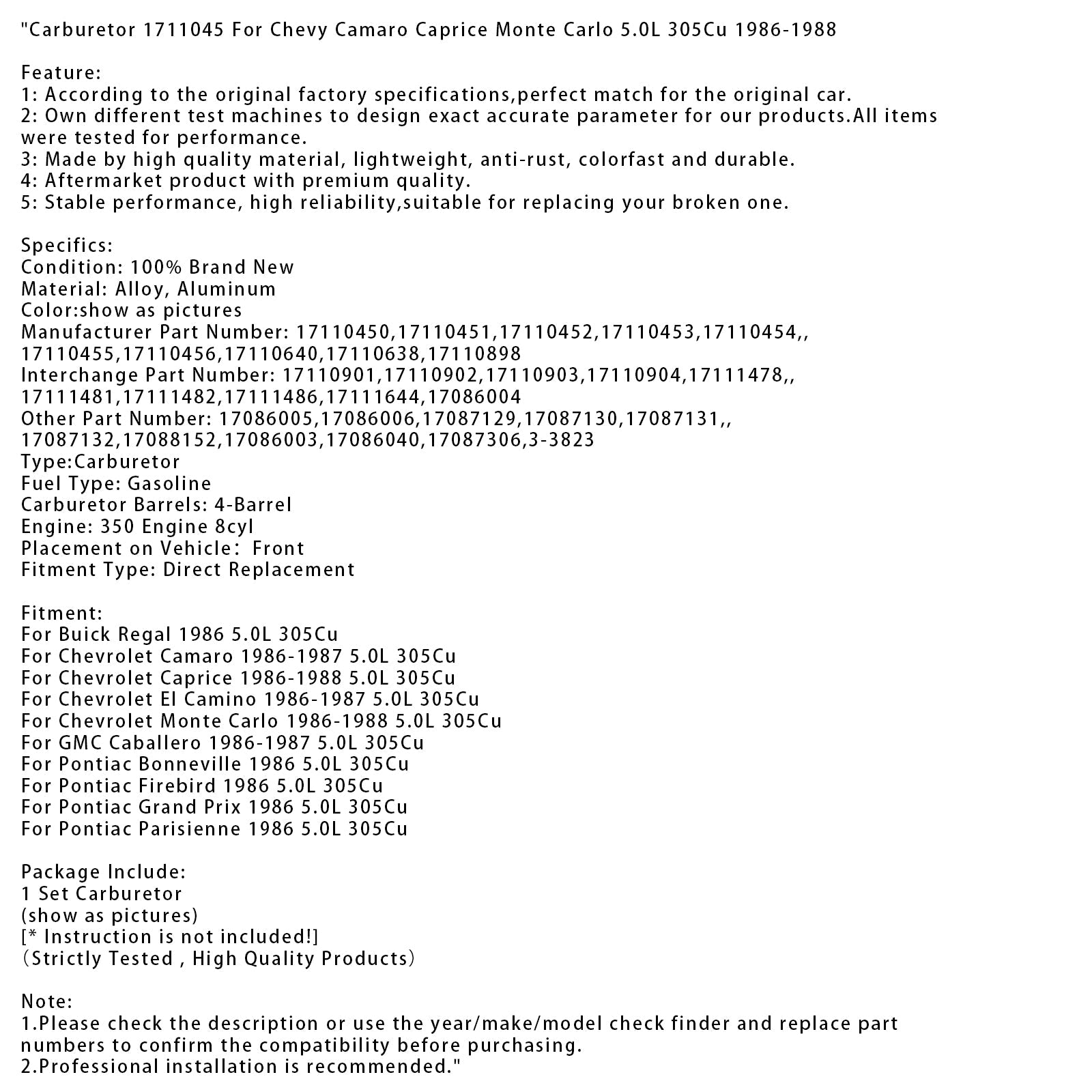 1986 Pontiac Parisienne 5.0L 305Cu Carburetor 1711045 17110901 1711478