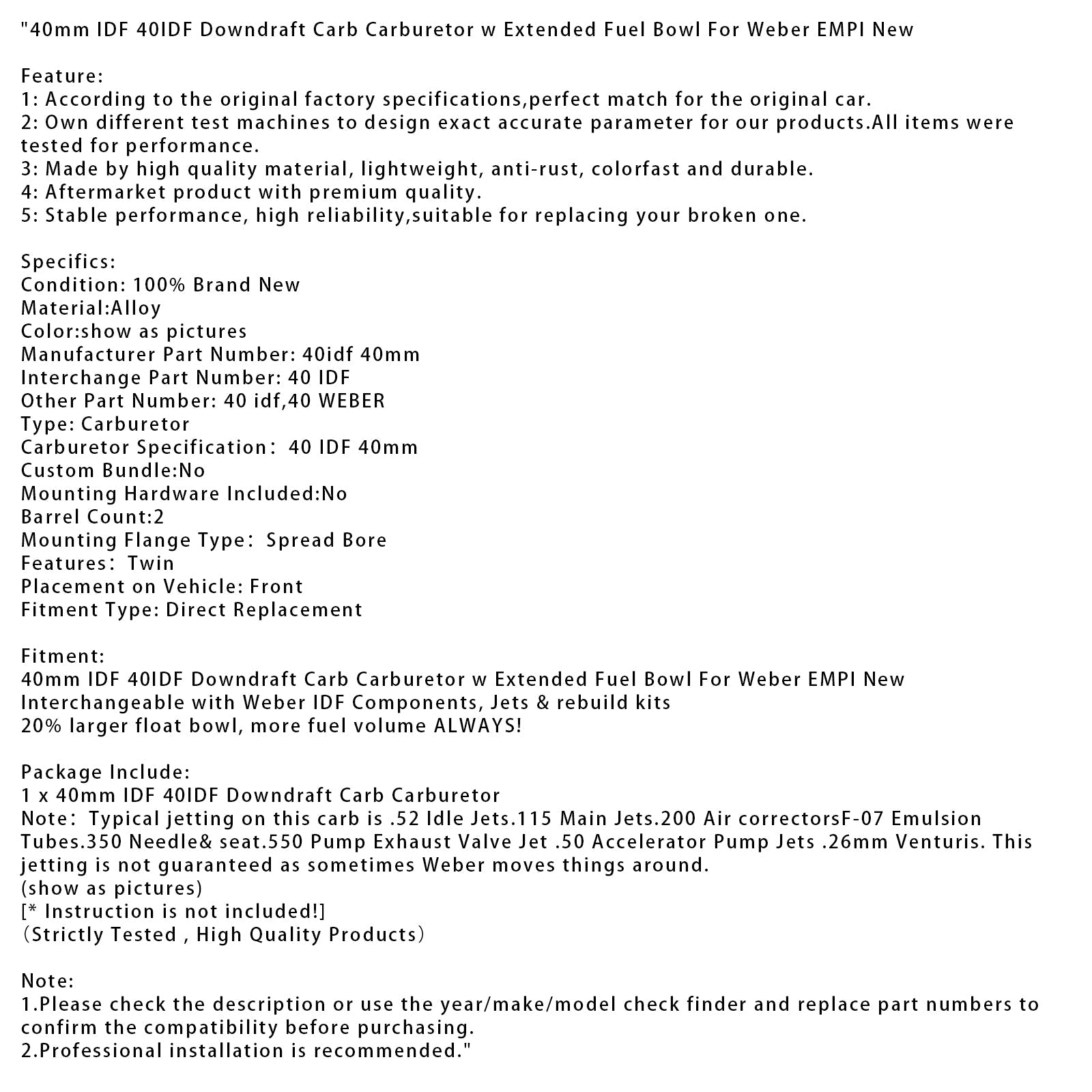 Downstream Rysowanie gaźnika 40 mm IDF 40IDF z wydłużonym zbiornikiem paliwa dla Weber Empi