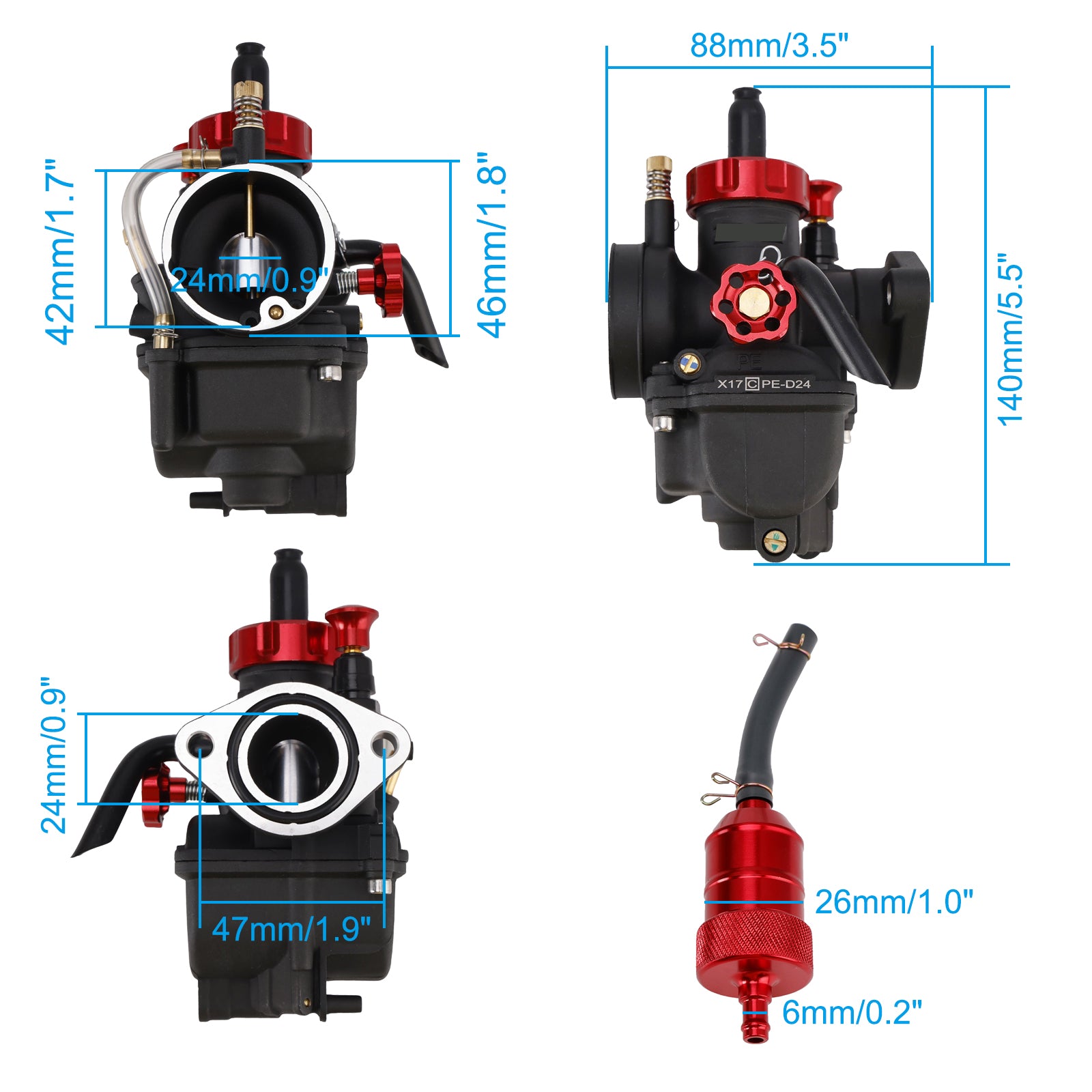 Carburateur de 24 mm pour quad, moto tout-terrain et karting de 140 à 150 cm³.