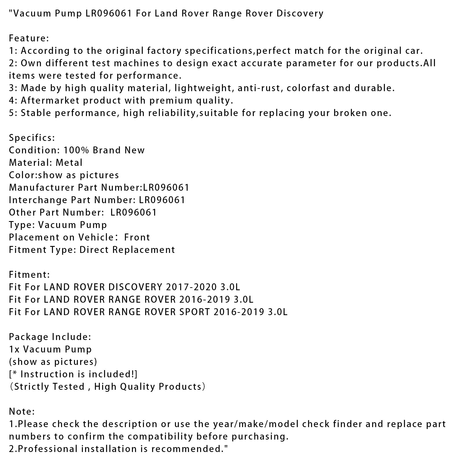 LR096061 Vakuumska črpalka za Land Rover Range Rover Sport 3.0L 2016-2019