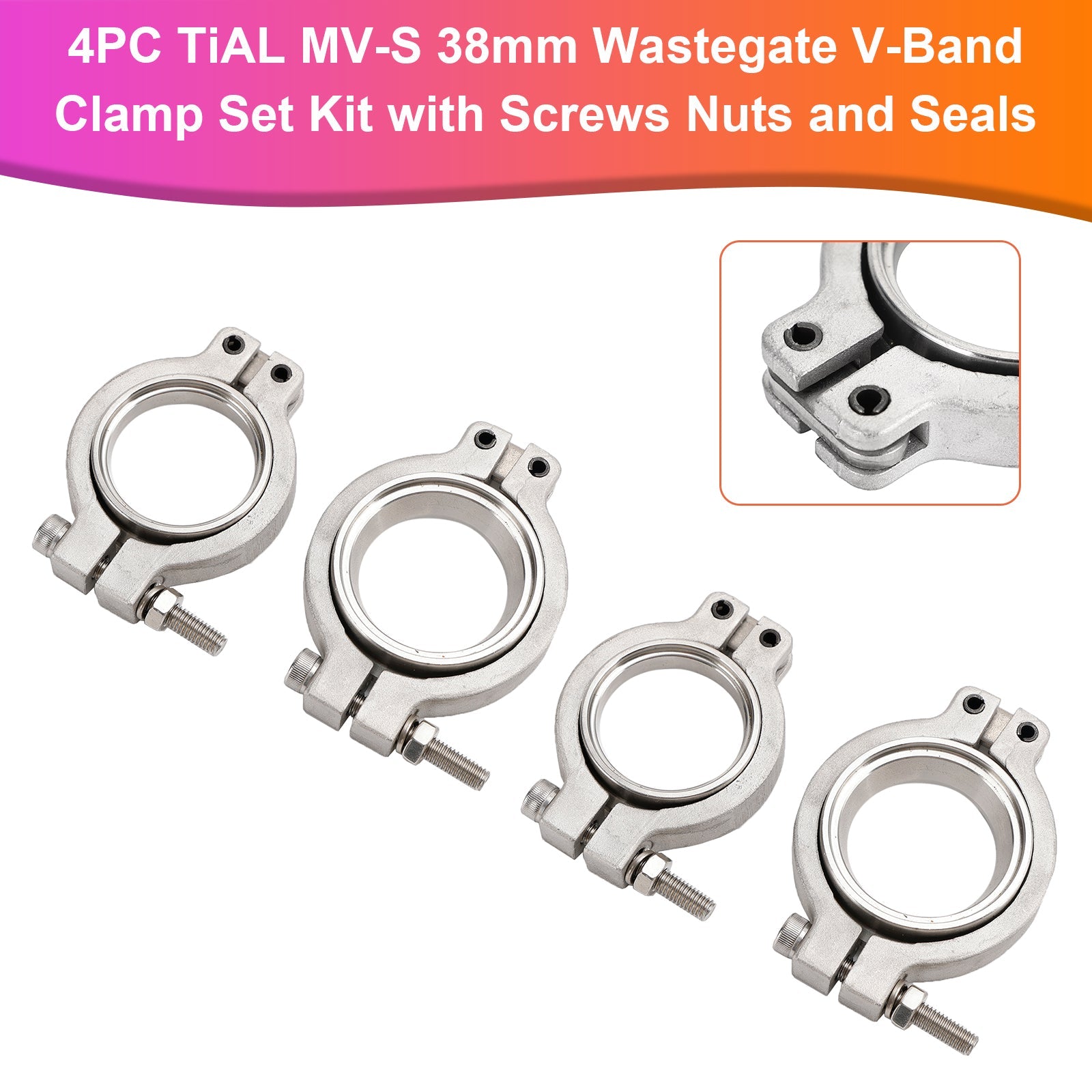 Kit de 4 colliers de serrage V-Band TiAL MV-S 38 mm pour soupape de décharge, avec vis, écrous et joints.