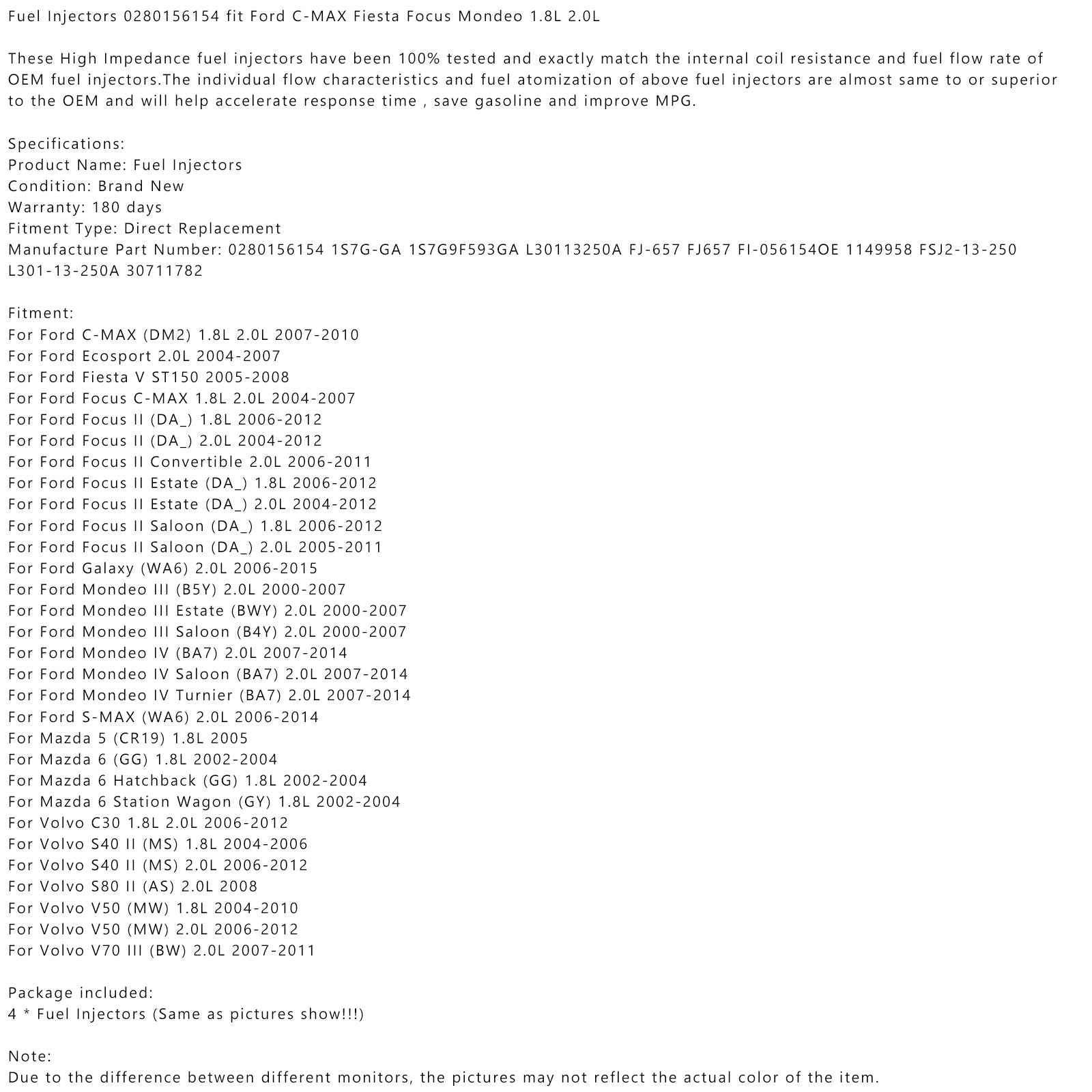 4 KOSov Injektorji goriva 0280156154 za Ford C-MAX Fiesta Focus Mondeo 1.8L 2.0L