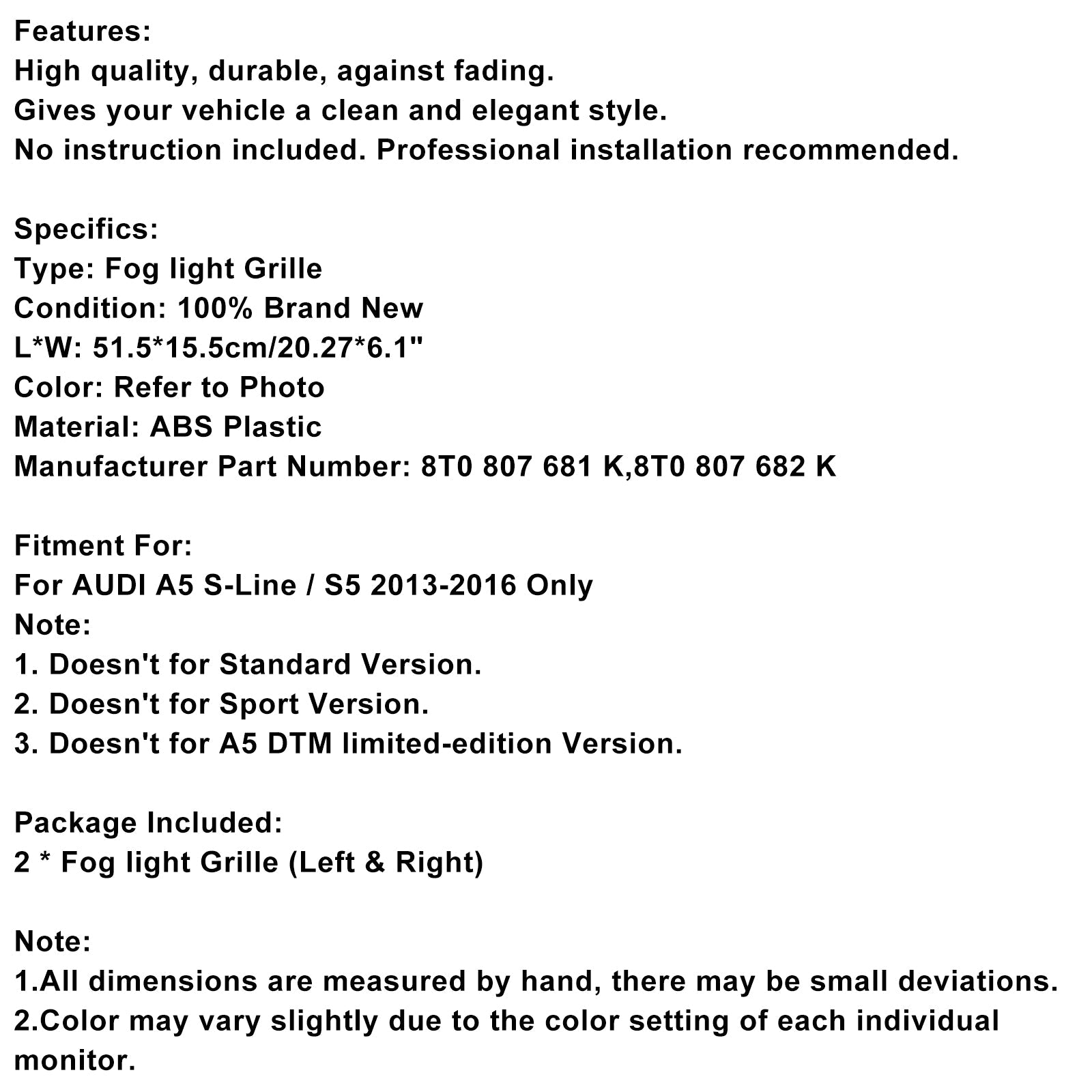Grille de calandre noire pour phares antibrouillard avant AUDI A5 S-Line S5 2013-2016