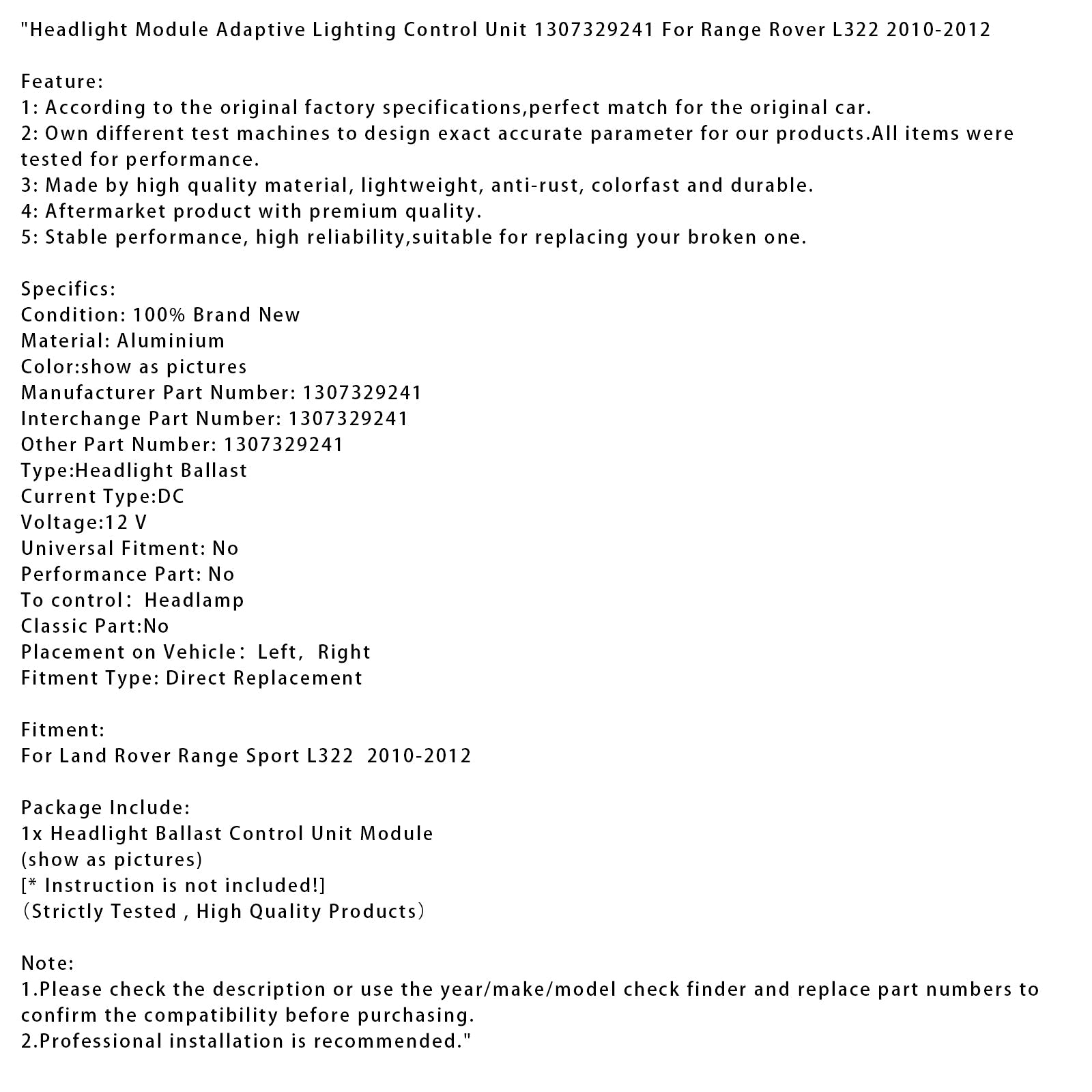 Modulo di faro adattivo per Land Rover Range Sport L322 2010-2012, unità di controllo dell'illuminazione adattiva 1307329241