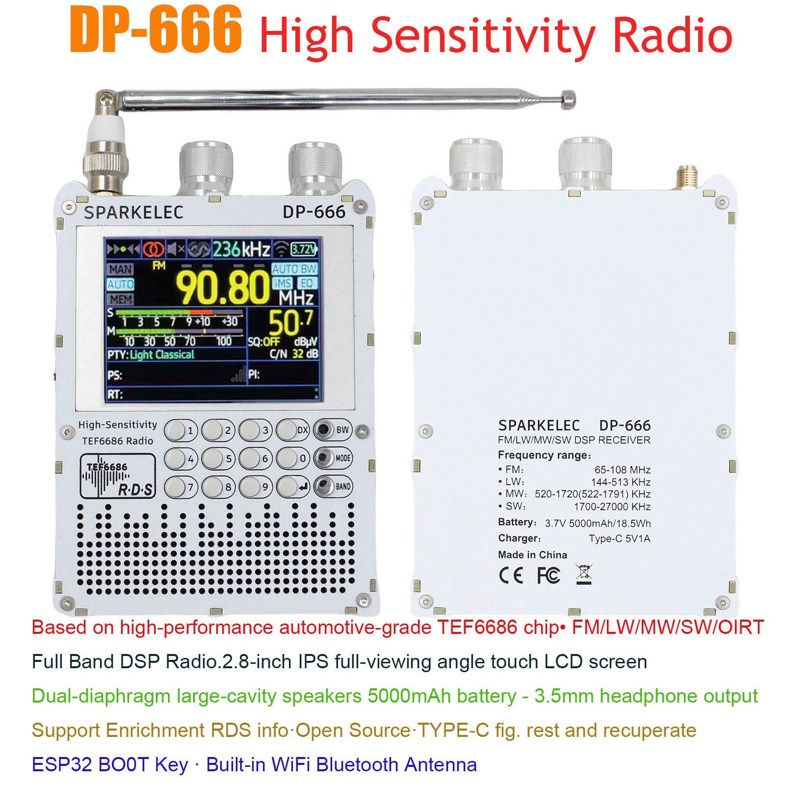 Radio TEF6686 DSP DP666 Hoge gevoeligheid Full Band LW MW SW 0IRT Kortegolfradio