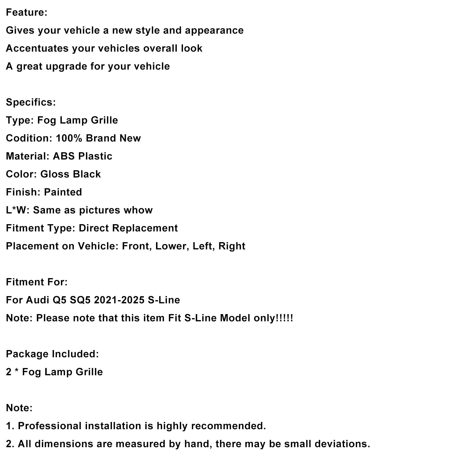 Zwart beveiligingsrooster voor mistlampje vooraan vóór Audi Q5 Sq5 S-Line 2021-2025