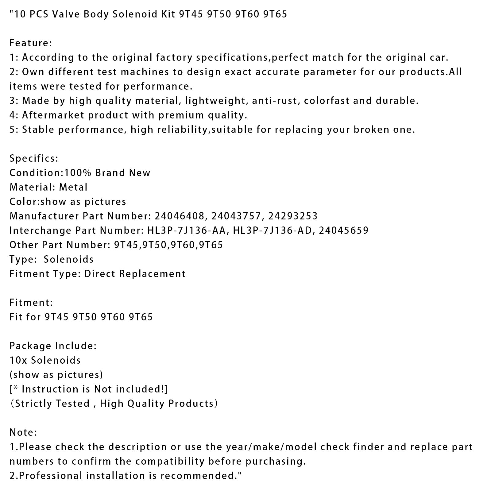Kit di 10 corpi valvola e solenoidi per 9T45, 9T50, 9T60 e 9T65