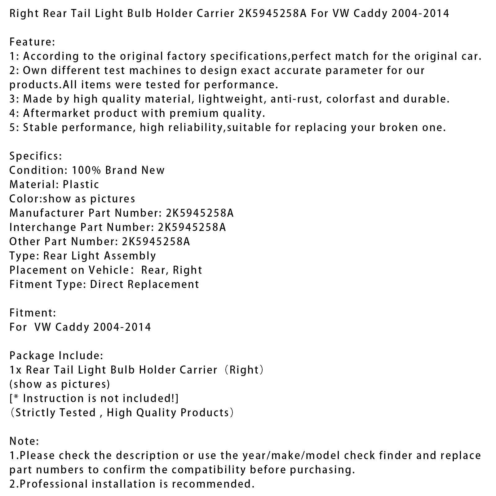 Tuki d&Oikea takavalon polttimo VW Caddy 2004-2014 2K5945258A