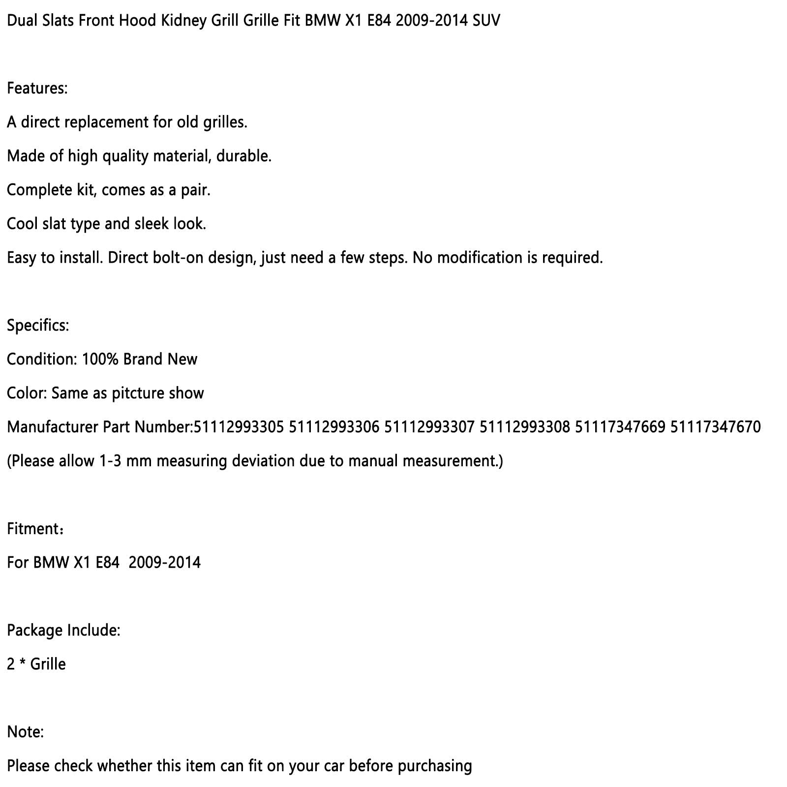 Grille de calandre pour capot avant à double lamelles noir brillant pour BMW X1 E84 2009-14 SUV générique