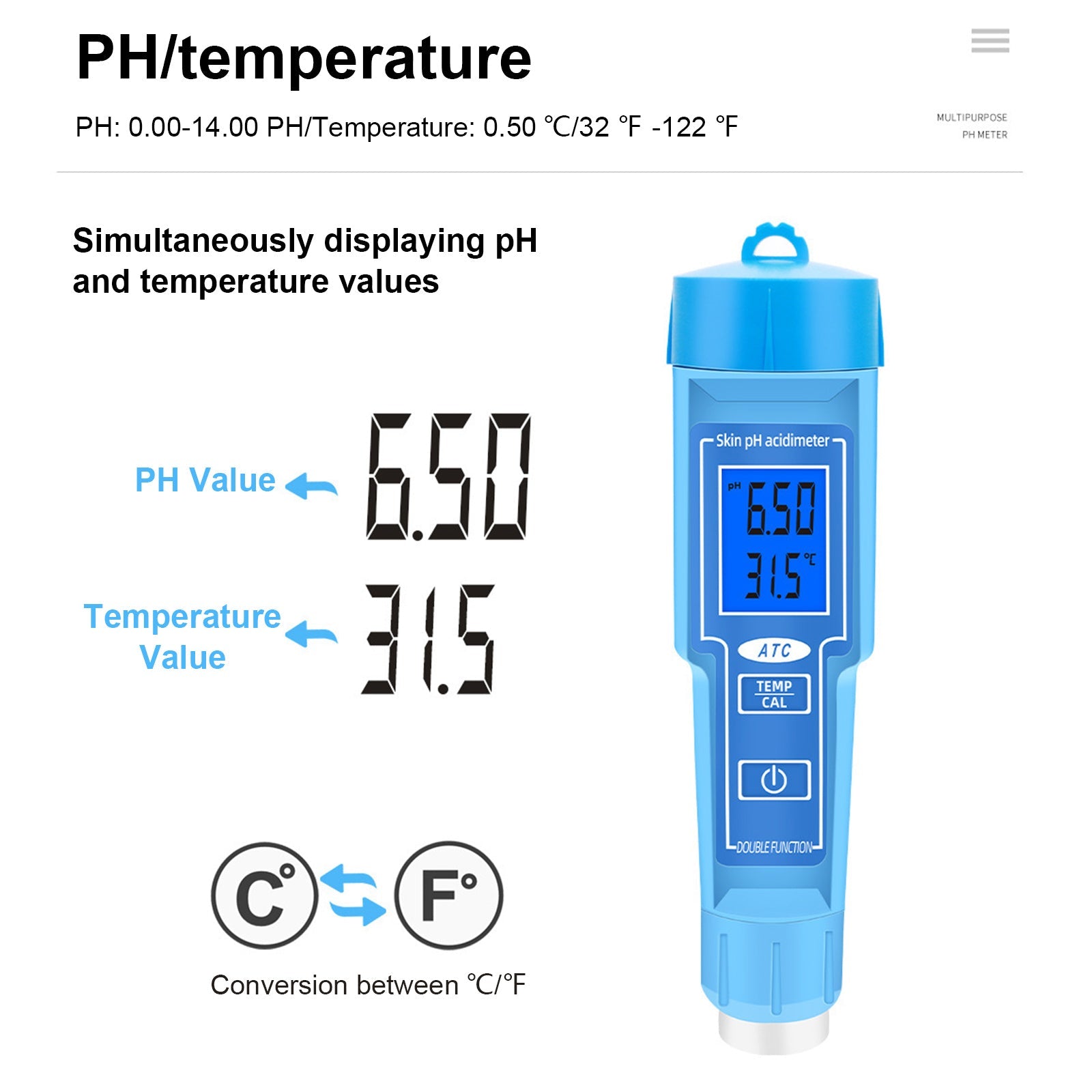 PH Meter -lämpömittarikynä elintarvikkeille Hedelmä Liha Maaperä Lab Digitaalinen happamuuden PH-mittari
