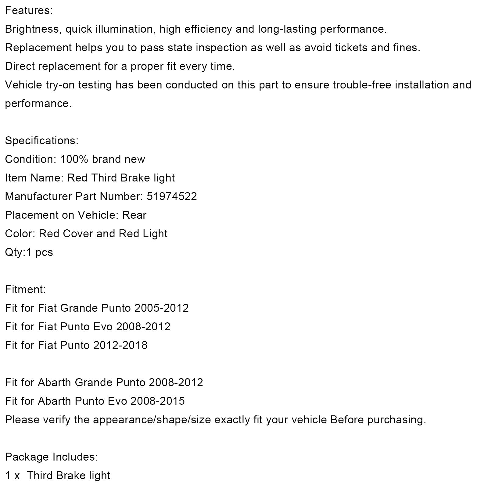 Trzecie światło hamowania Światło hamowania 51974522 dla Fiat GRANDE PUNTO EVO 3rd 2012-19