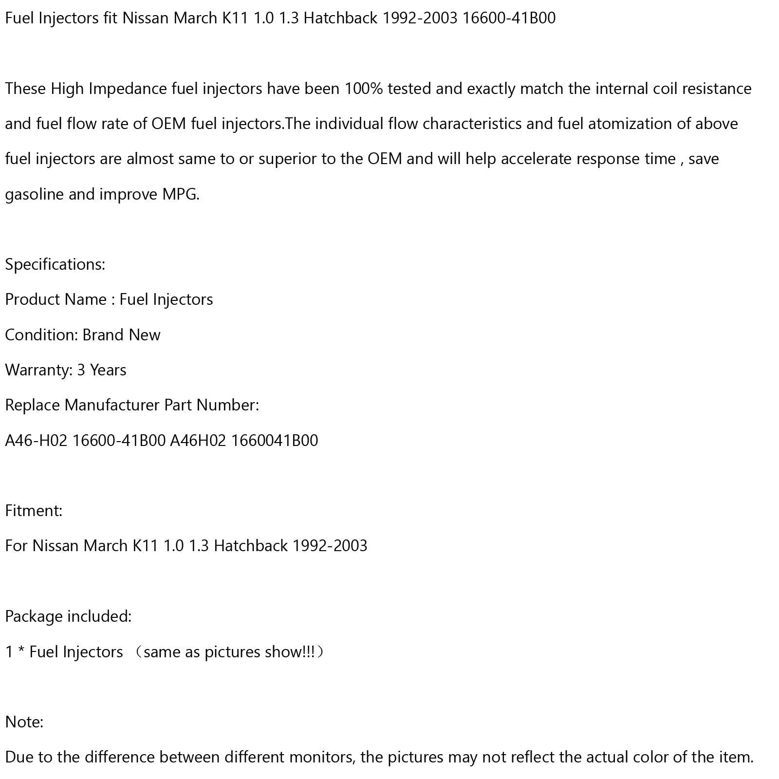 1 polttoainesuuttimet Nissan March K11 1.0 1.3 Viistoperä 92-03 16600-41B00 Generic