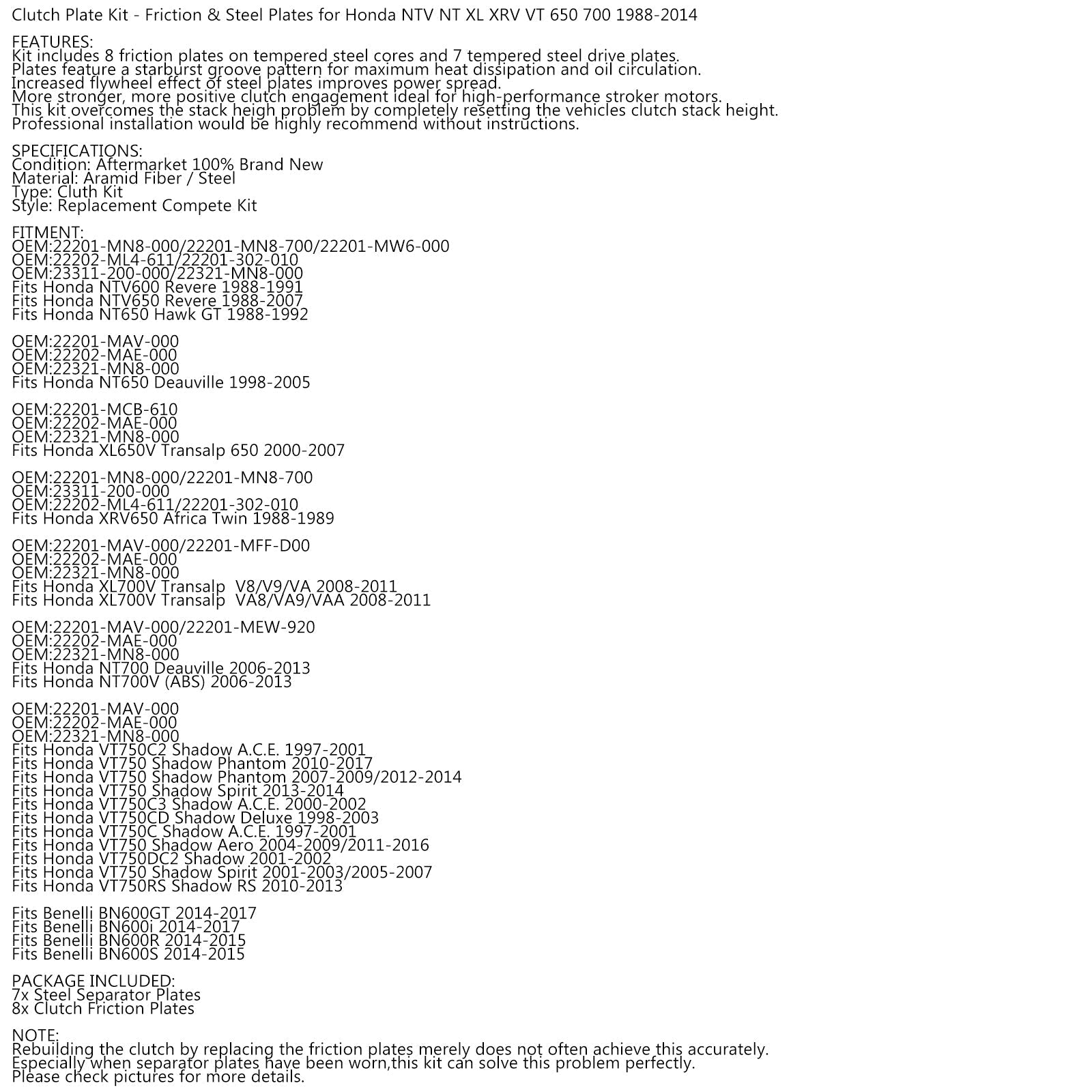 Kit Embrayage Acier & Disques Friction pour Honda NTV NT XL XRV VT 650 700 1988-2014 Generic