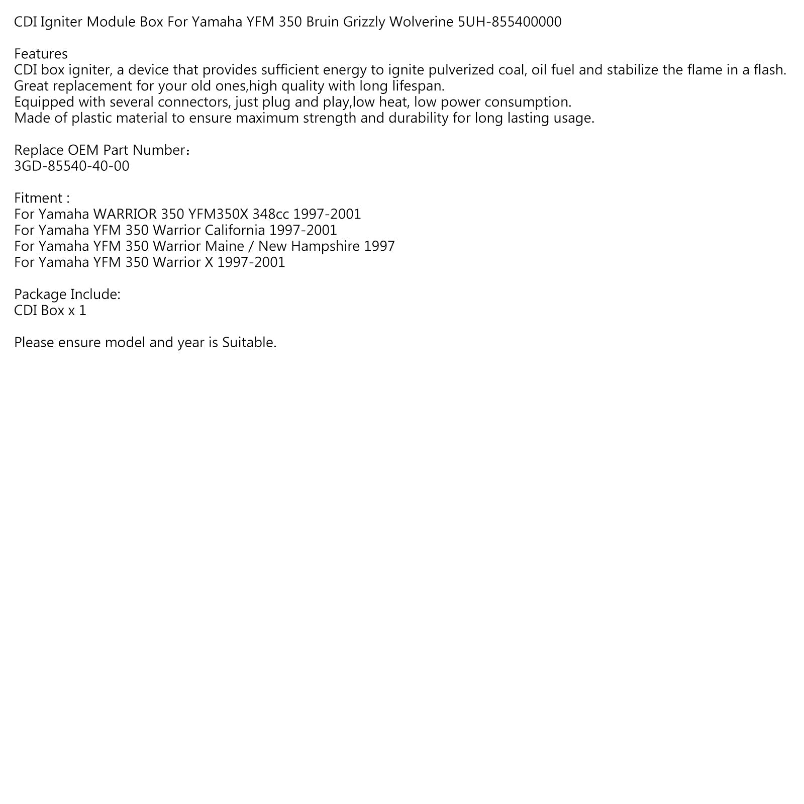 Nowy moduł CDI dla YAMAHA Warrior 350 YFM350X 348cc 1997-2001 3GD-85540-40-00 ogólny