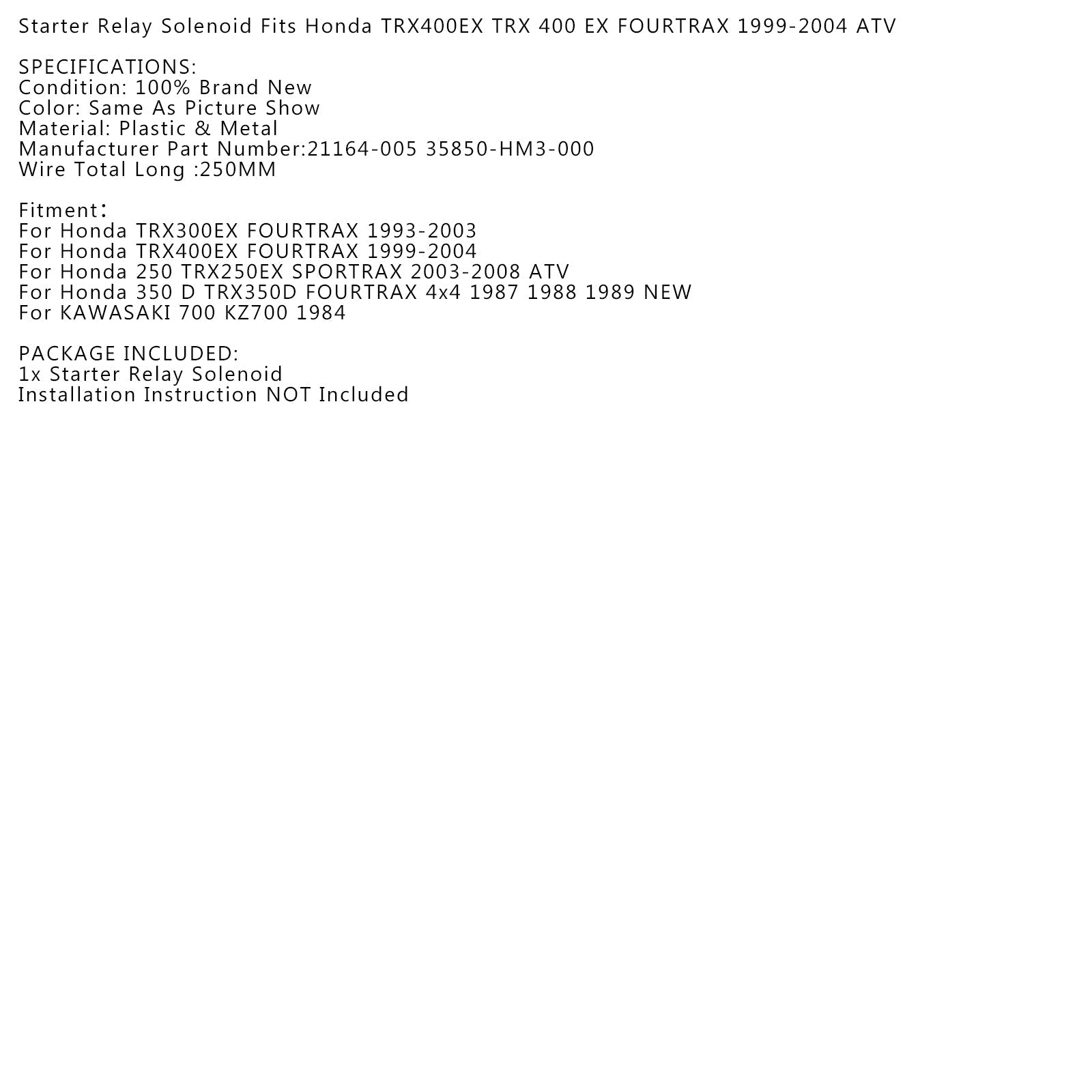 Elektromagnes przekaźnika rozrusznika dla Honda TRX300EX TRX 300 EX FOURTRAX 1993-2003 ATV nowy Generic