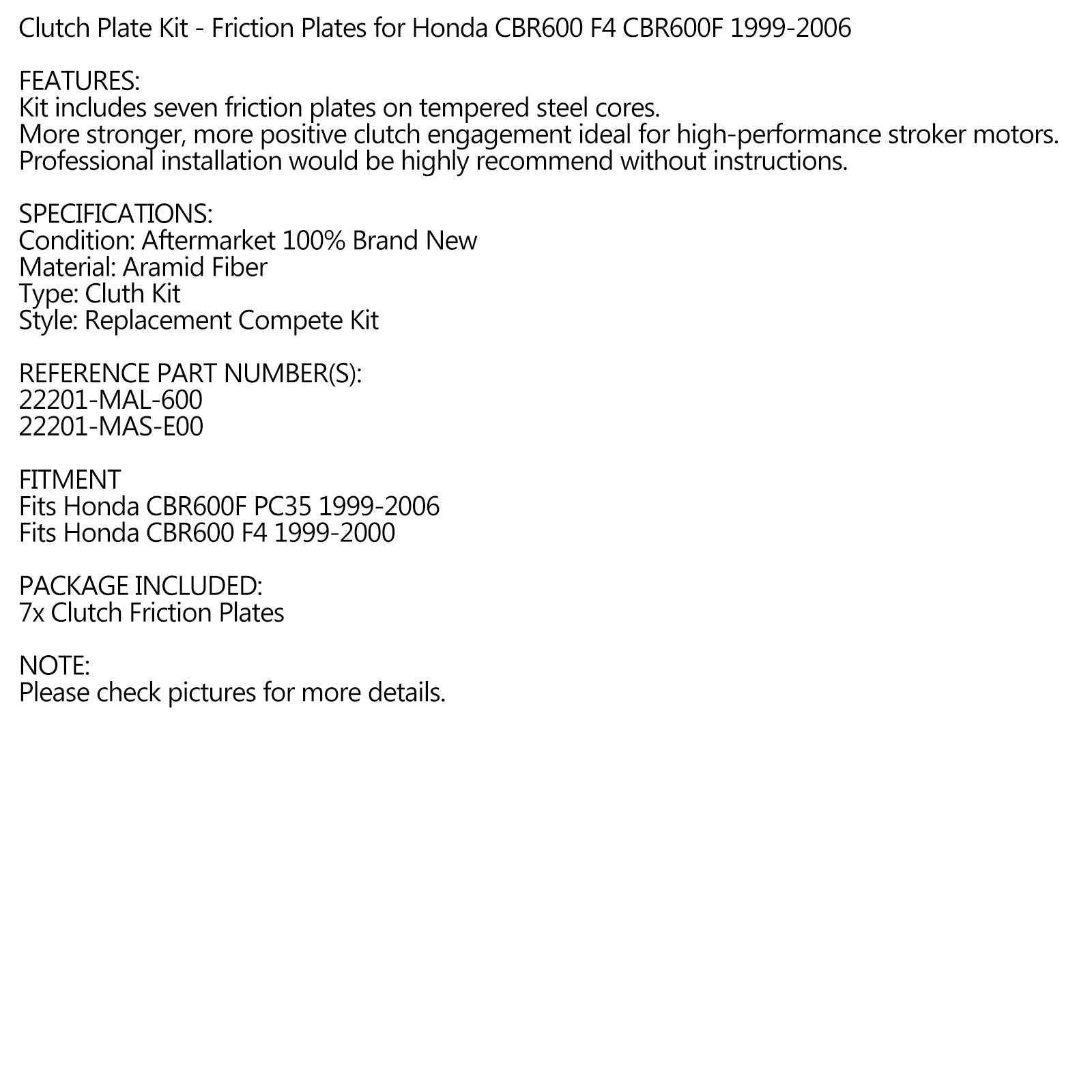 Kit de plaque de friction d'embrayage pour Honda CBR600 F4 CBR600F 1999-2006 générique