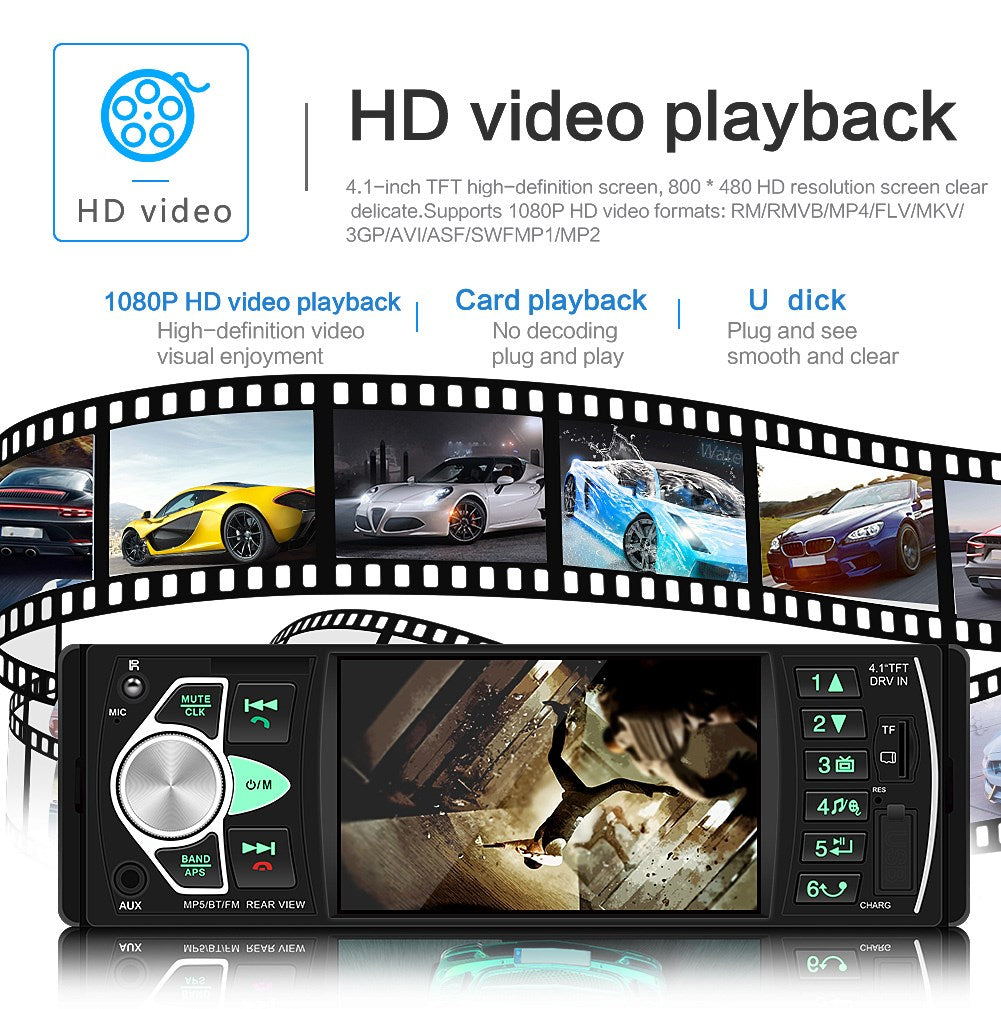 1DIN 4.1in Stereo Autradio Bluetooth FM USB z zvokom MP5 Reader + Camera