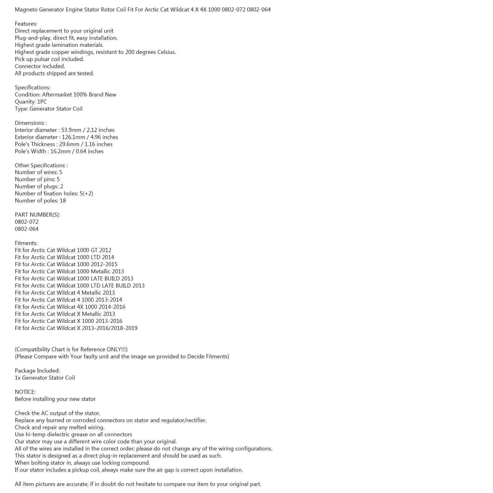 Areyourshop Generator stojana Magneto pasuje do Arctic Cat Wildcat X 4 4X 1000 Metallic 12-19 Generic