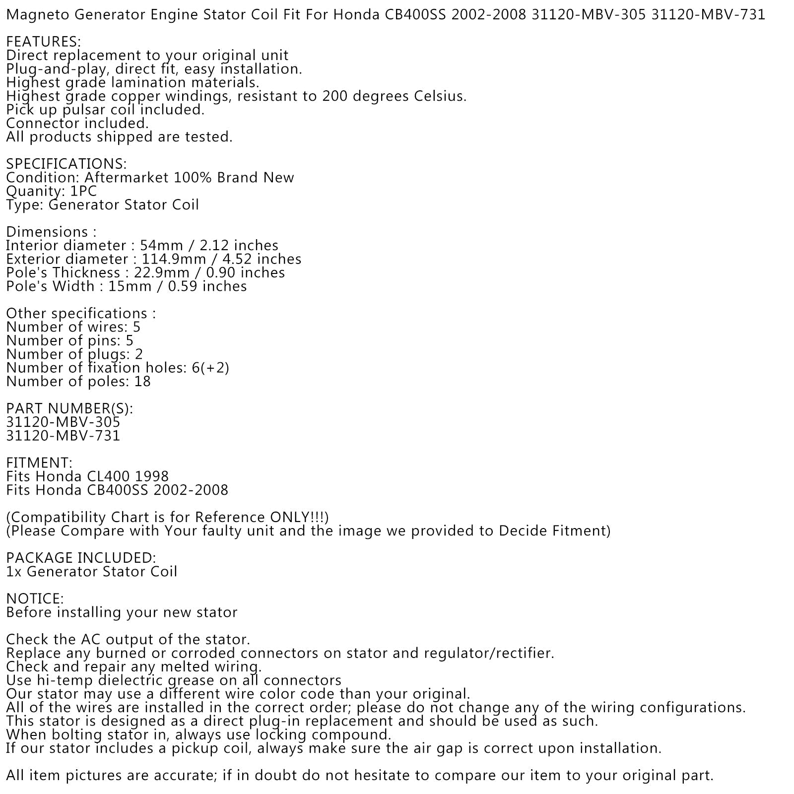 Laturi Magneto Staattori Honda CB CL 400SS NC41 31120-MBV-305 31120-MBV-731