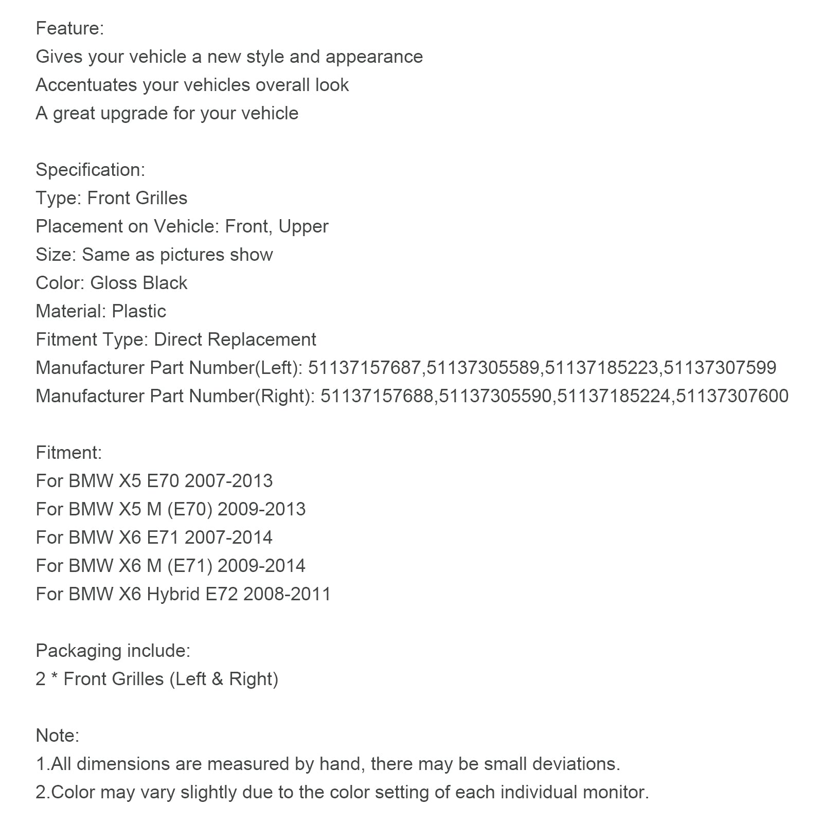 BMW X6 Hybrid E72 2008-2011 Glanzend zwarte voorbumpergrille