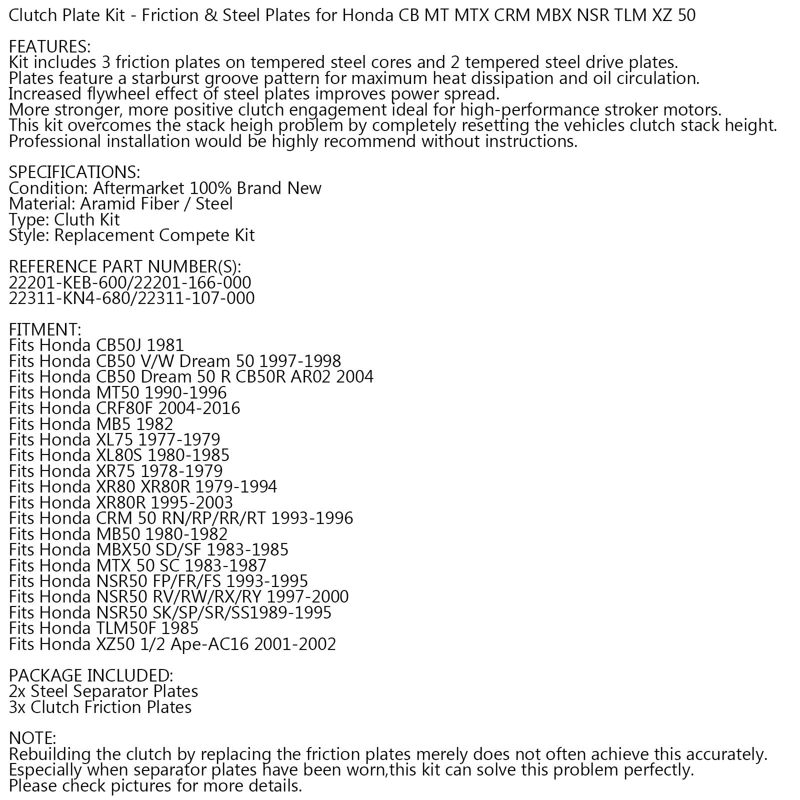 Kit Embrayage Acier & Disques Frictions pour Honda CB MT MTX CRM MBX NSR TLM XZ 50 cc Generic