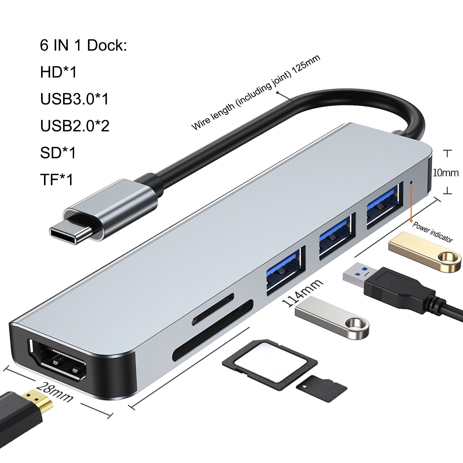 Adattatore 4K USB-C tipo C uscita HD 6 in 1 Docking station multifunzione HUB USB 3.0 HD