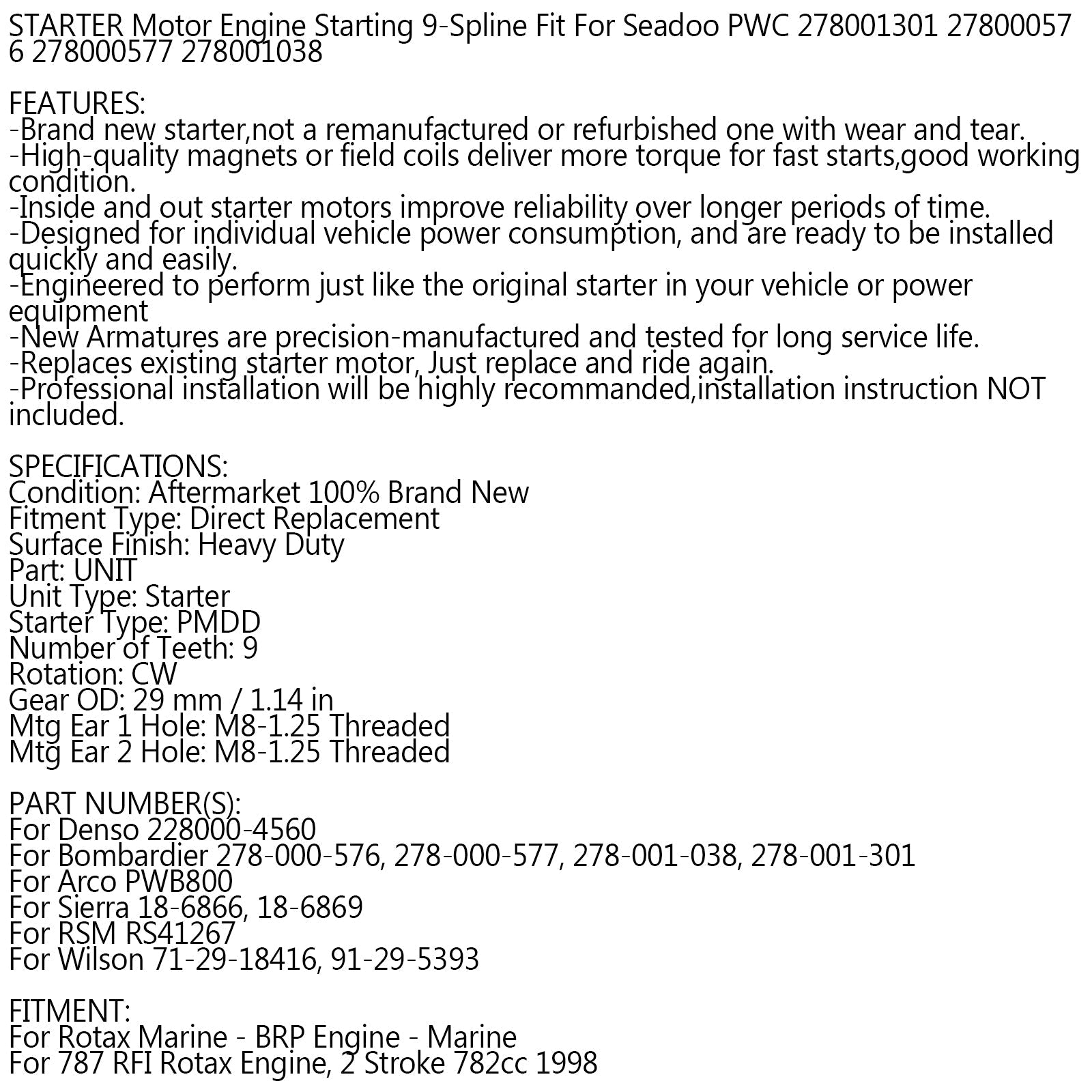 Starttimoottori Seadoo 800 GTX GSX XP SPX 95-02 782cc 278001301 278000576 278001038 Generic