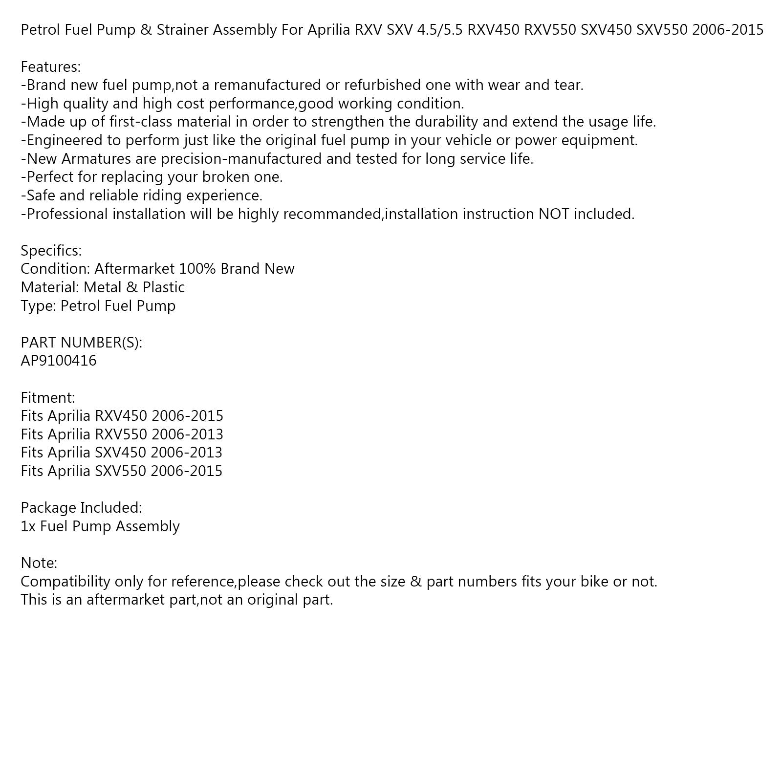 Kit pompa benzina e filtro per Aprilia RXV SXV 450 550 4.5/5.5 06-2015 AP9100416 Generic