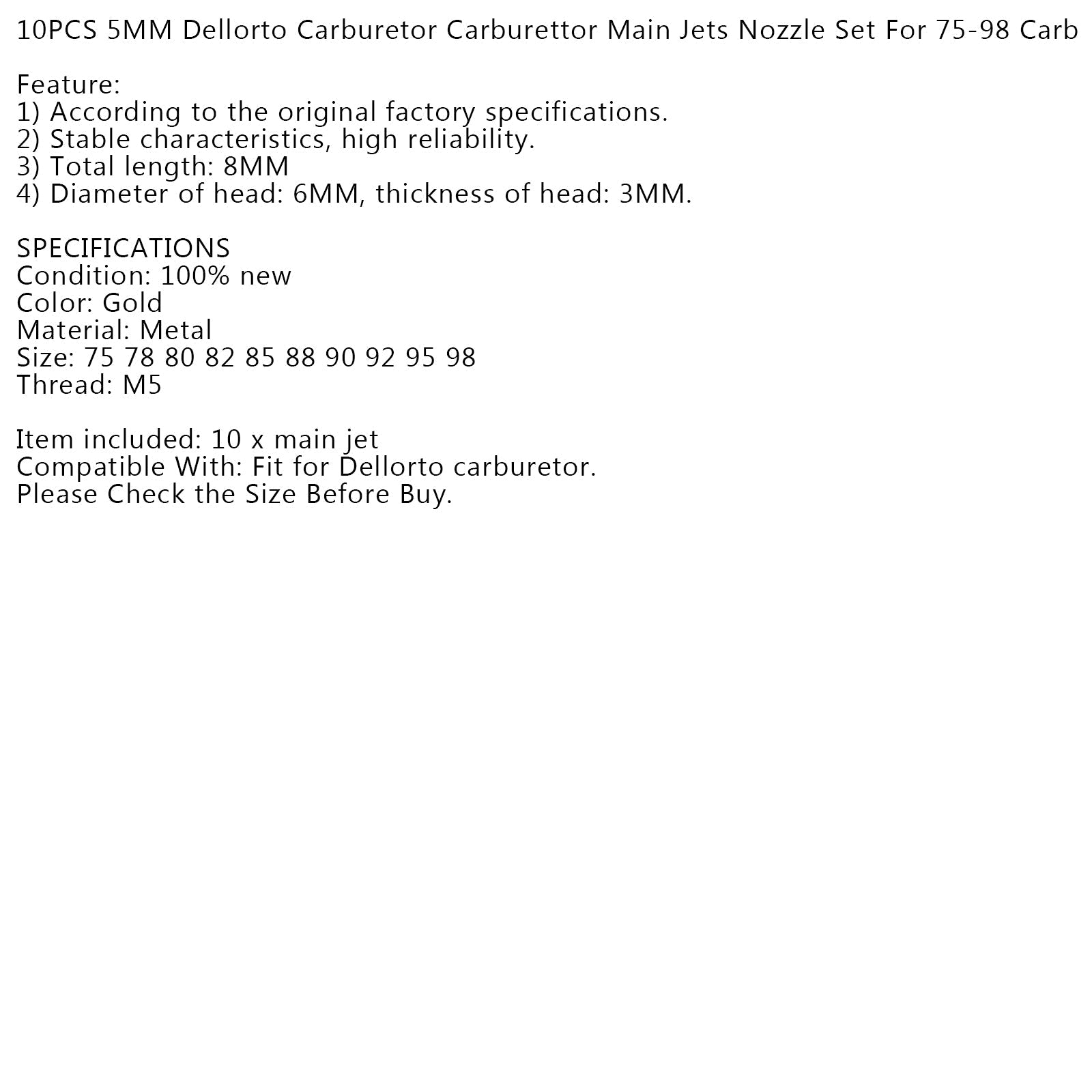 Ensemble de buses de Jets principaux de carburateur 10 pièces 5MM pour carburateur Dellorto 75-98 Carb générique