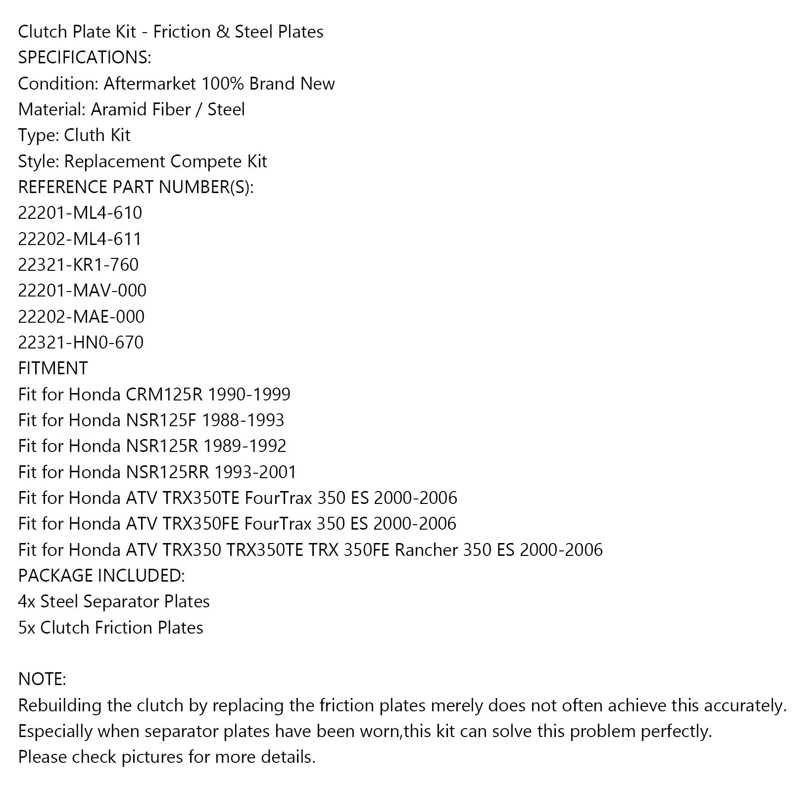 Kit Frizione e Dischi Attrito in Acciaio per Honda CRM125R NSR125F NSR125R TRX350 Generico