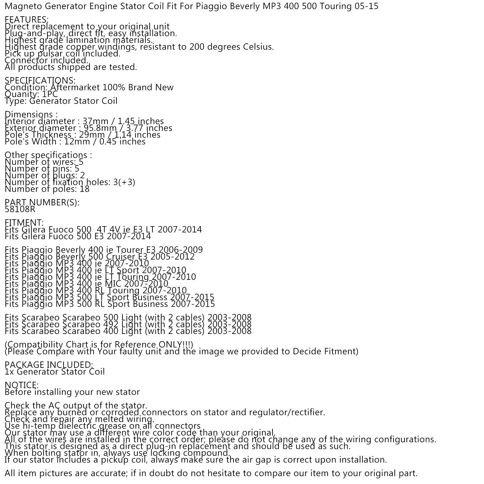 Stator Generator za Piaggio Scarabeo Fuoco Beverly Mp3 400 500 07-15 58108R