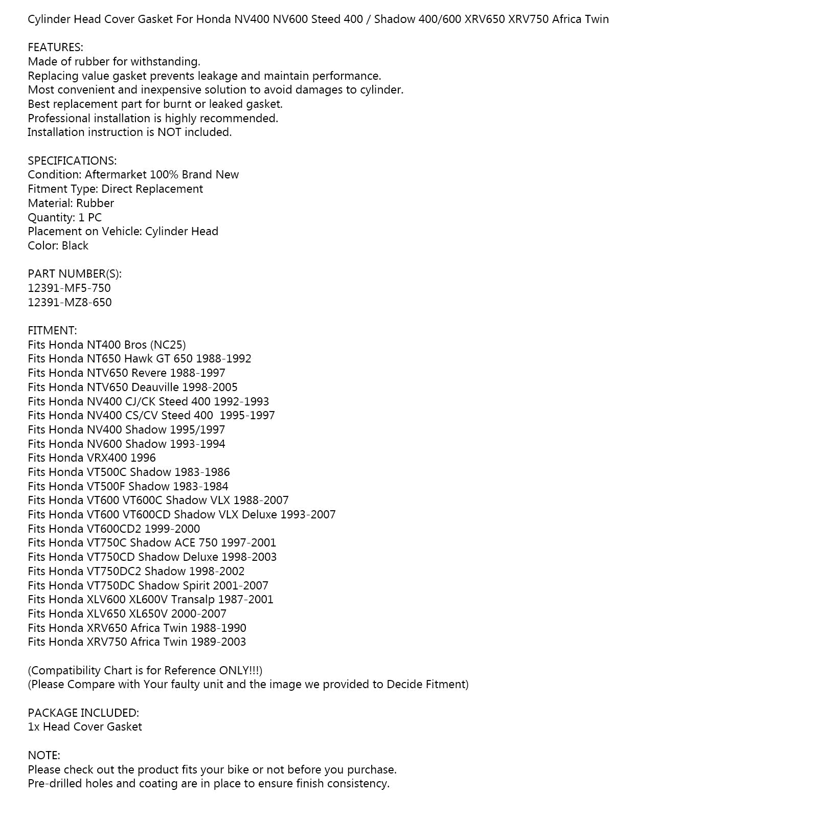 Kleppendekselpakking voor Honda Shadow VT600C VT750C Shadow VLX ACE Spirit 88-07 Generiek