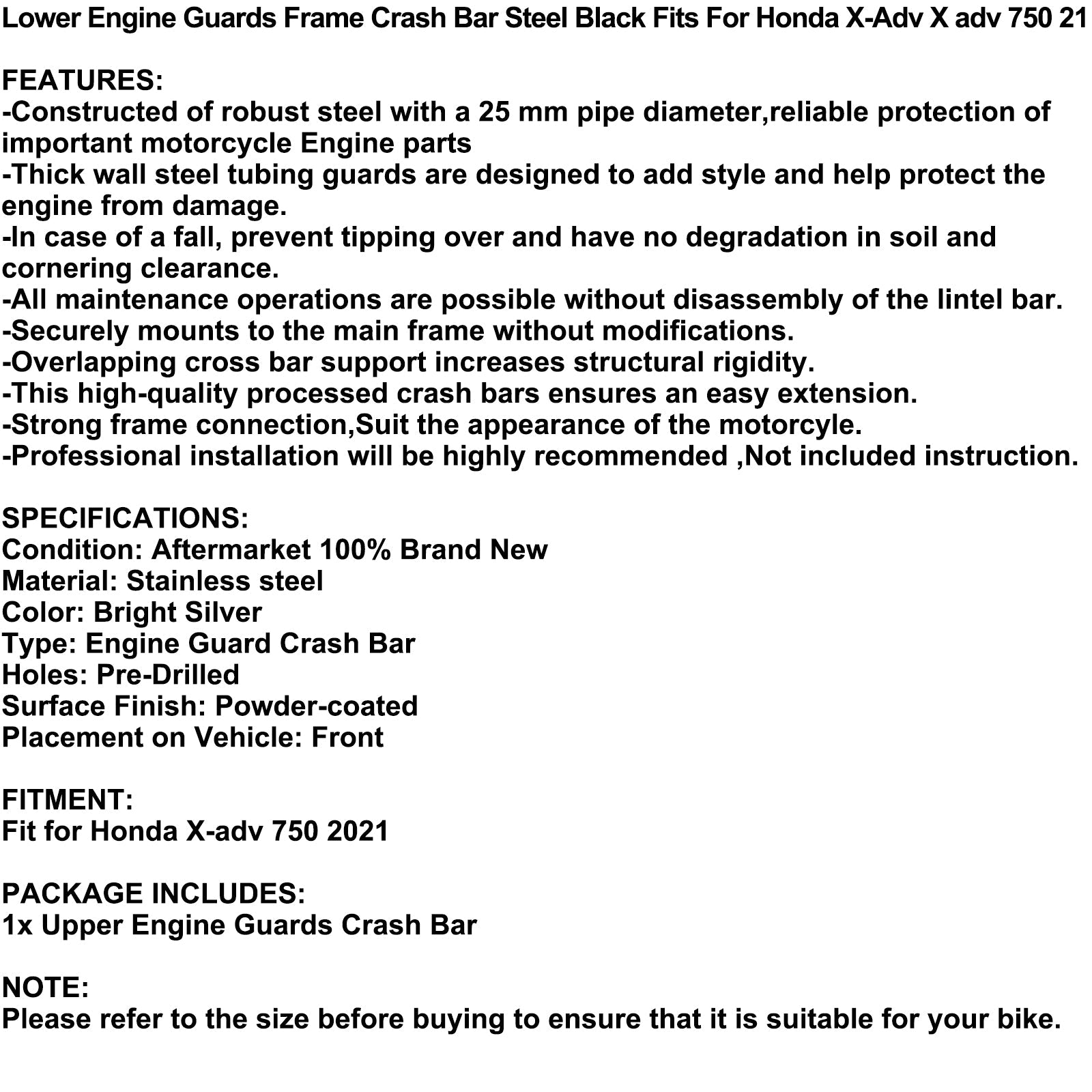 Pasek awaryjny Dolna osłona silnika Stalowa rama Srebrna pasuje do Honda X-Adv X Adv 750 21 Generic