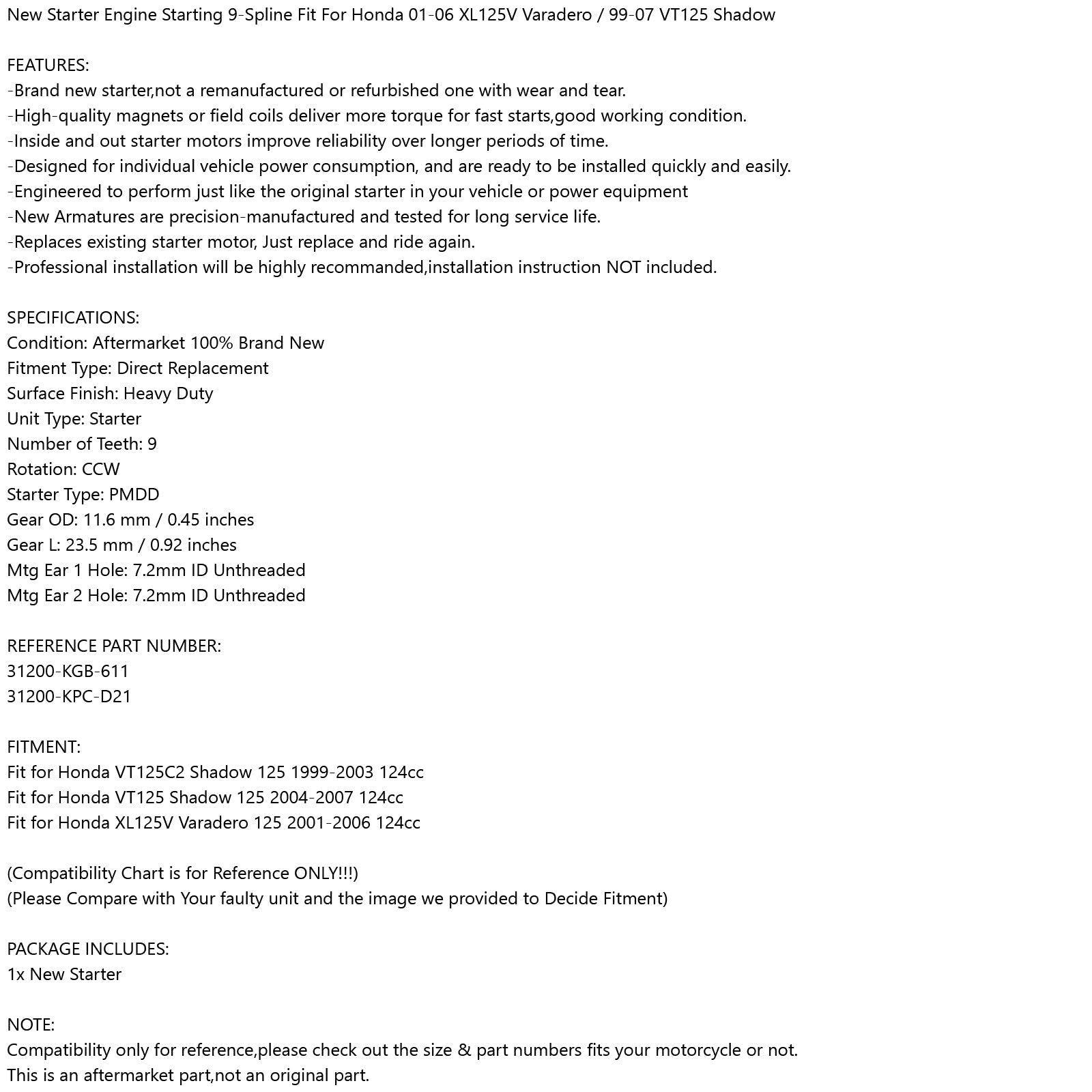 Starter za Honda XL 125V Vardero 01-06 VT 125 Senca 99-07 generično