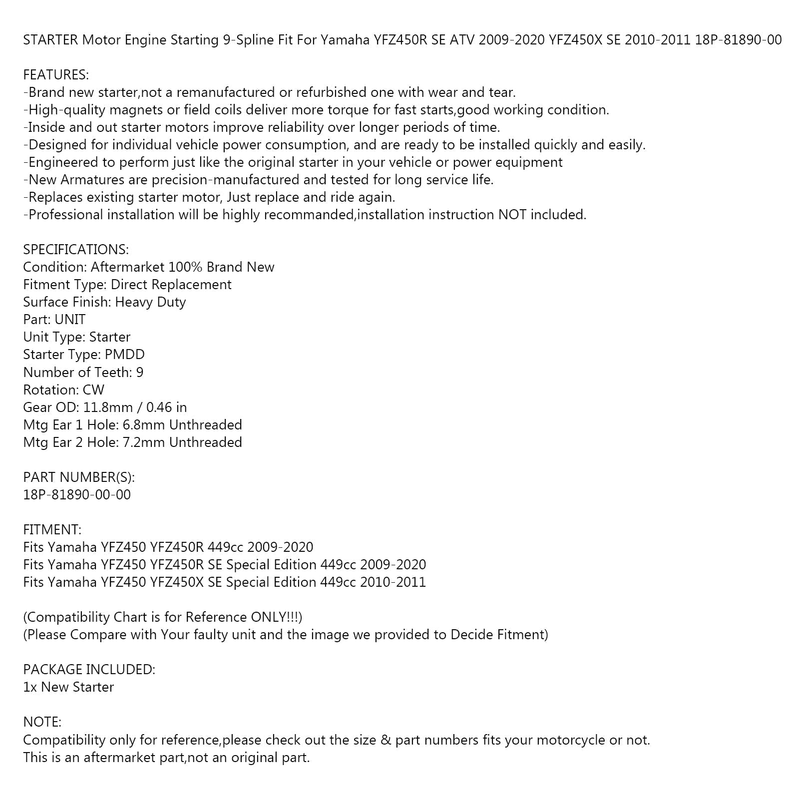 Startmotor Geschikt voor Yamaha YFZ450R SE Speciale Editie 449cc 2009-2020 18P-81890-00 Generiek