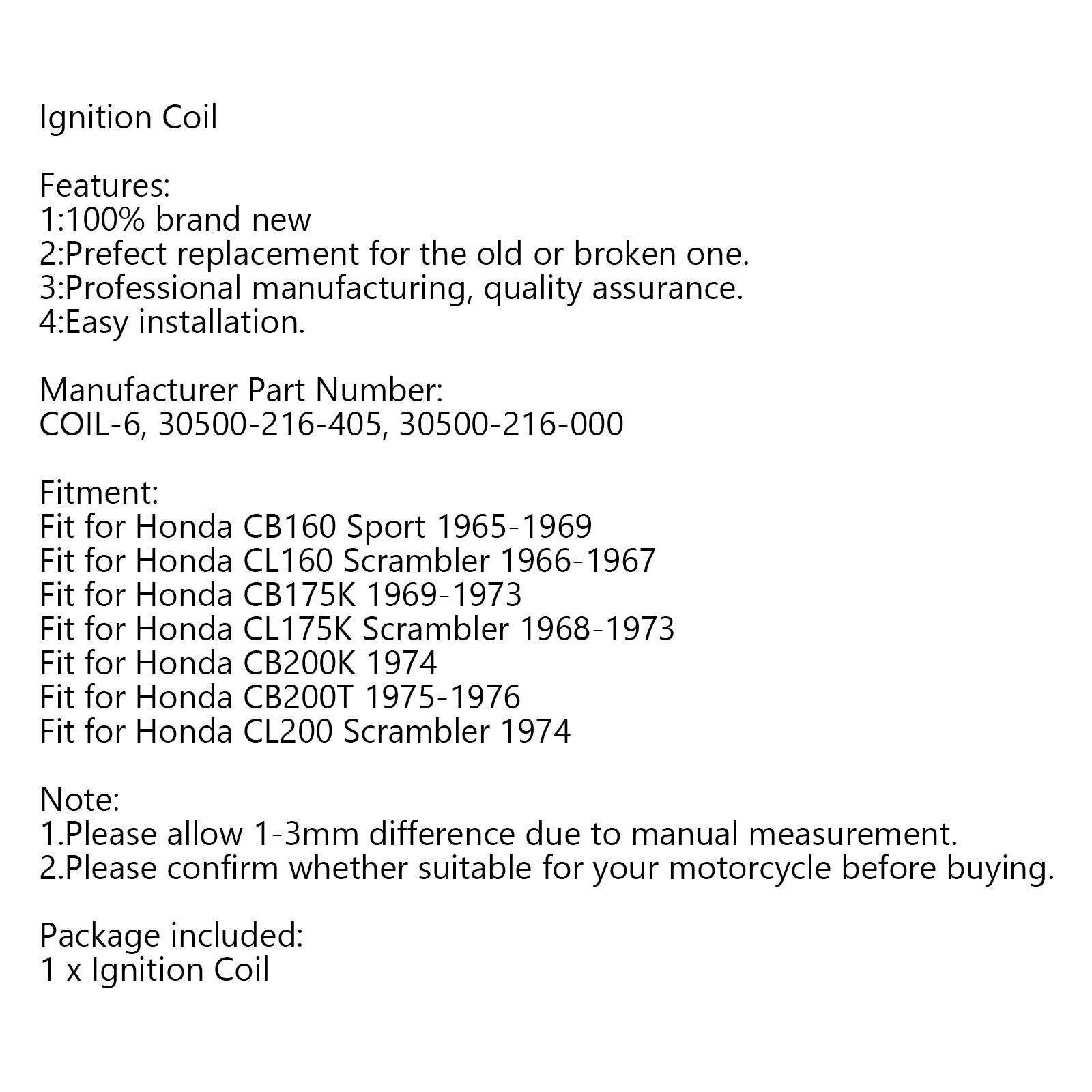 Modèles de bobine d'allumage pour Honda CB160 CL160 CL175 CL200 CB200 30500-216-000 générique