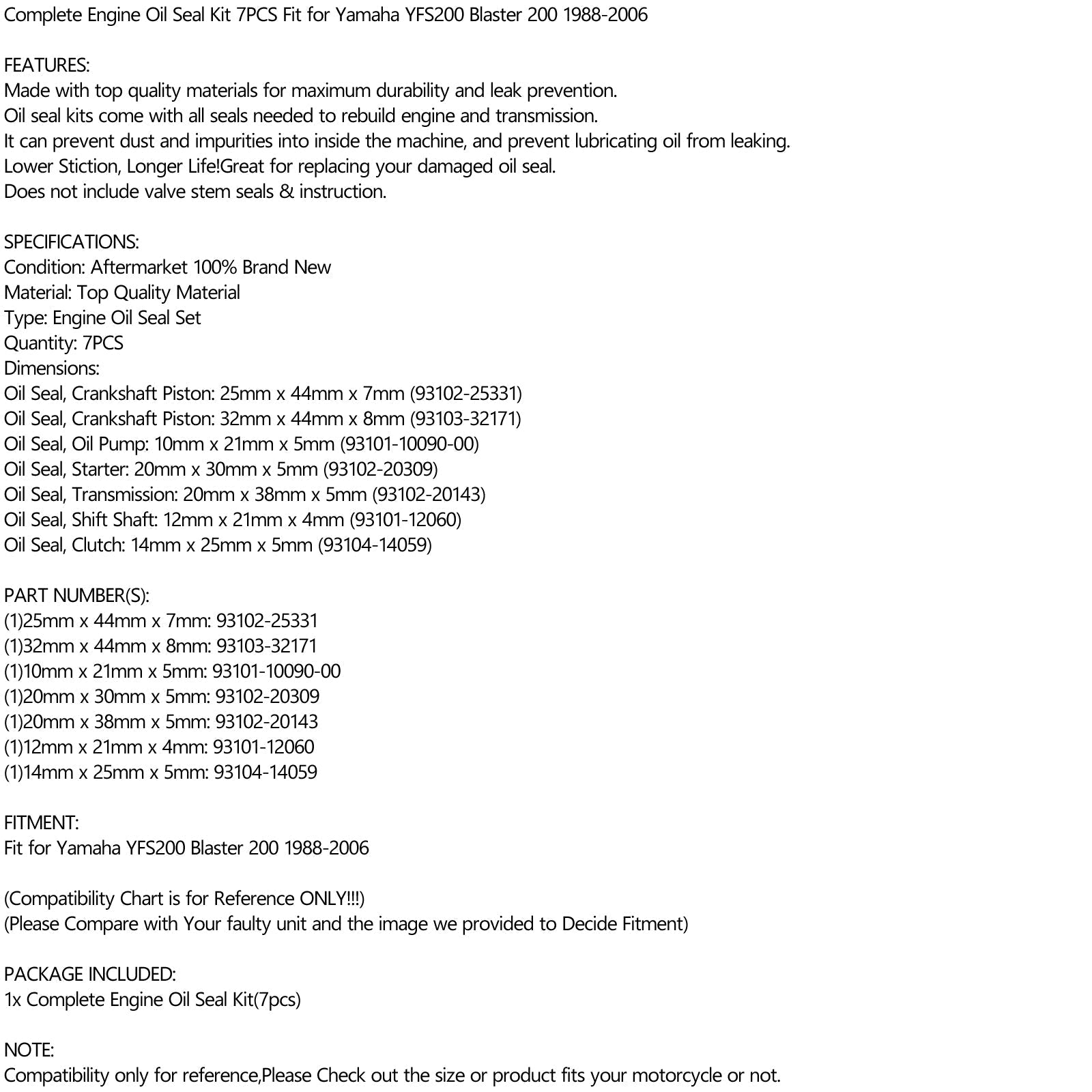 7 moottorin öljytiivisteen sarja Yamaha Blaster 200 YFS200 YFS 200 1988 - 2006 geneeriselle