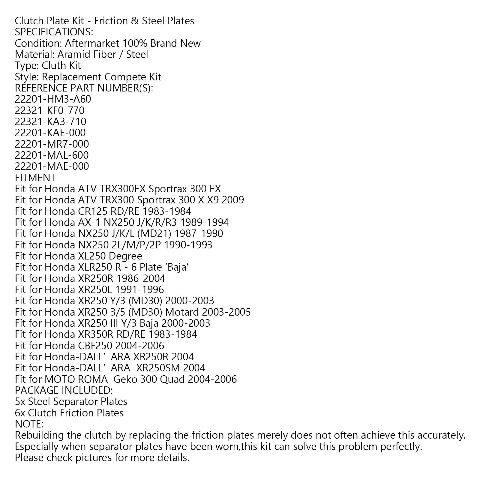 Jekleni komplet za sklopko in trenje za Honda TRX300 CBF250 NX/XL250 XLR250 Generic