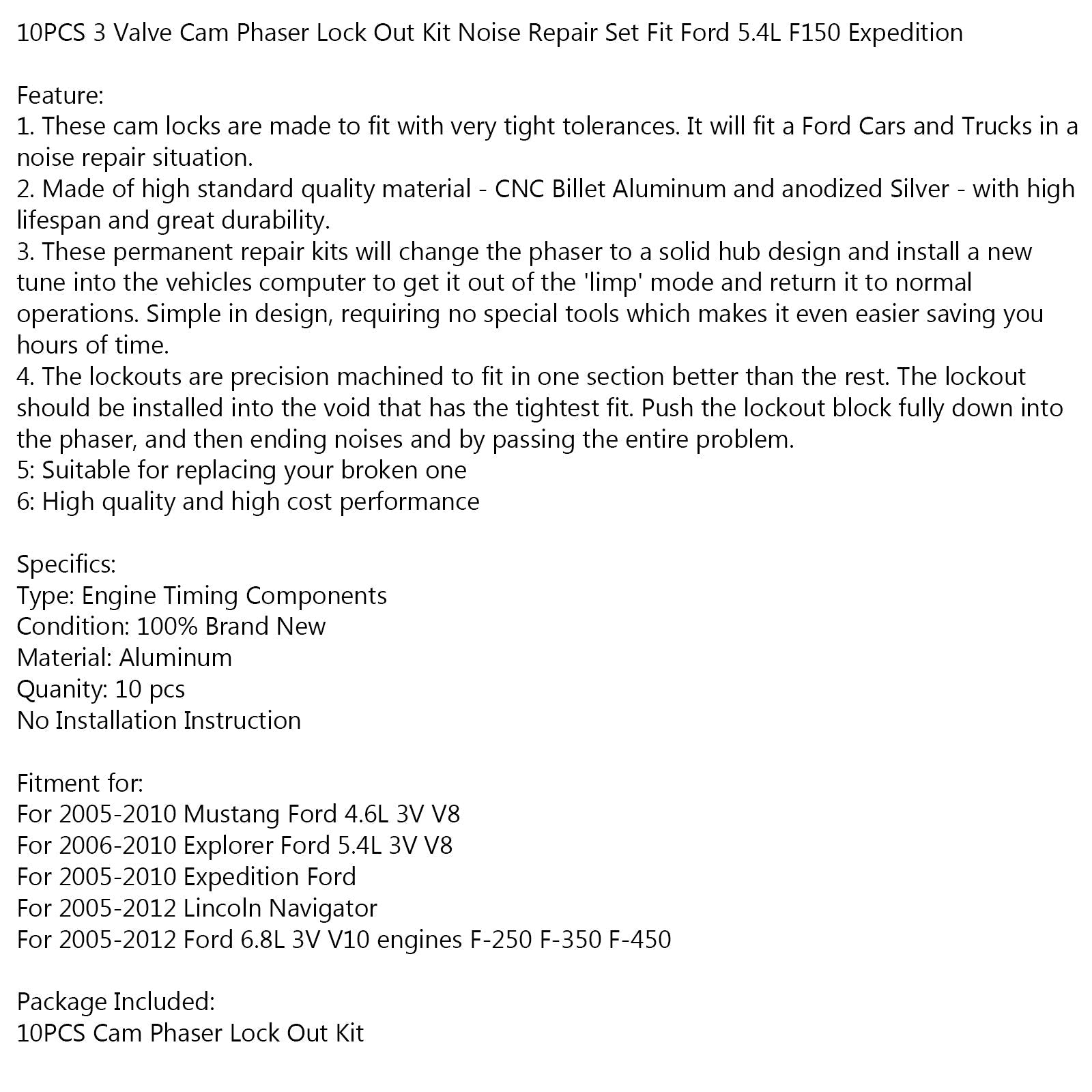10PCS 3 Valve Cam Phaser Lock Out Kit Kit de réparation de bruit Fit Ford 5.4L F150 Generic
