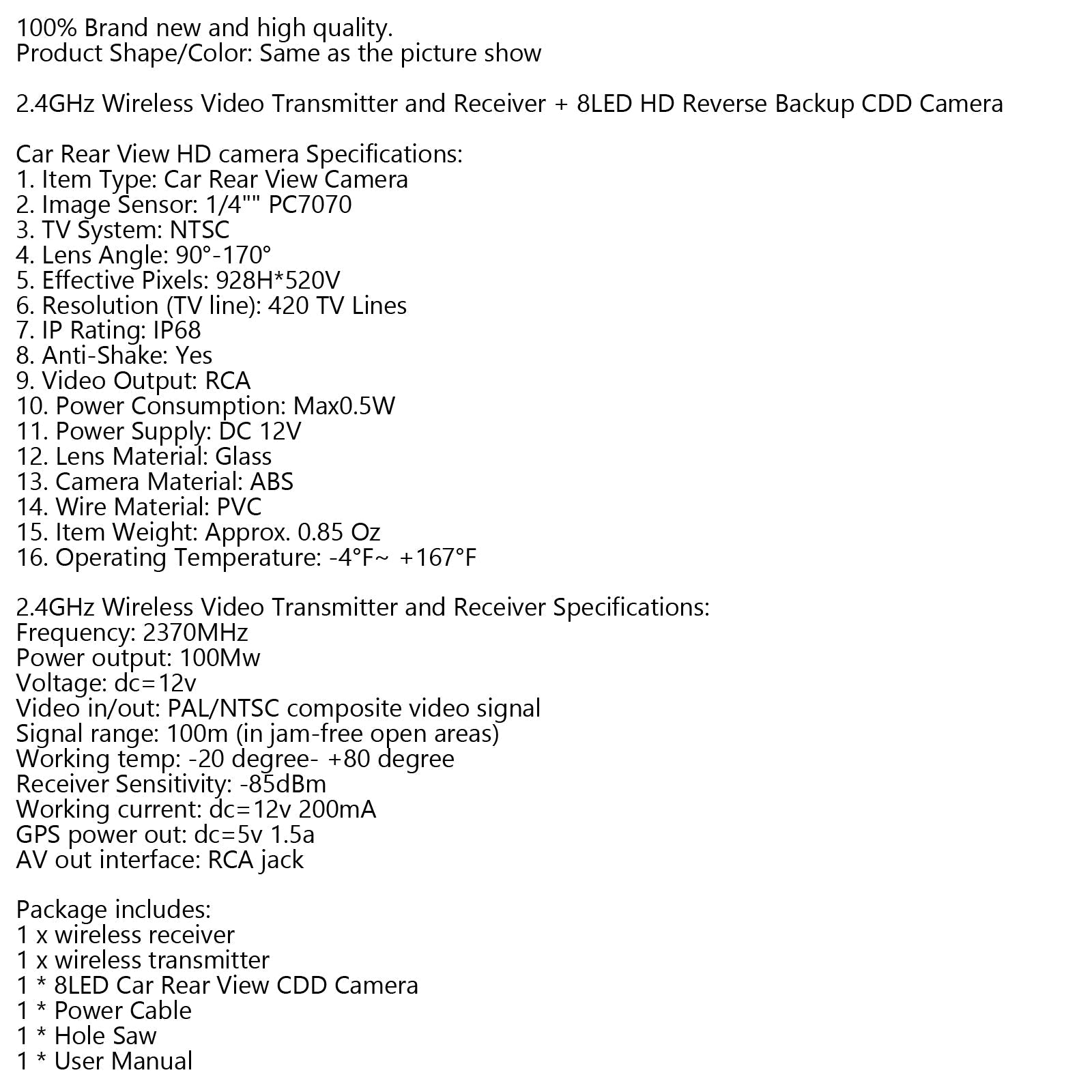 Émetteur et récepteur vidéo sans fil HD + caméra de recul HD 8LED vue latérale arrière de voiture 2,4 GHz générique